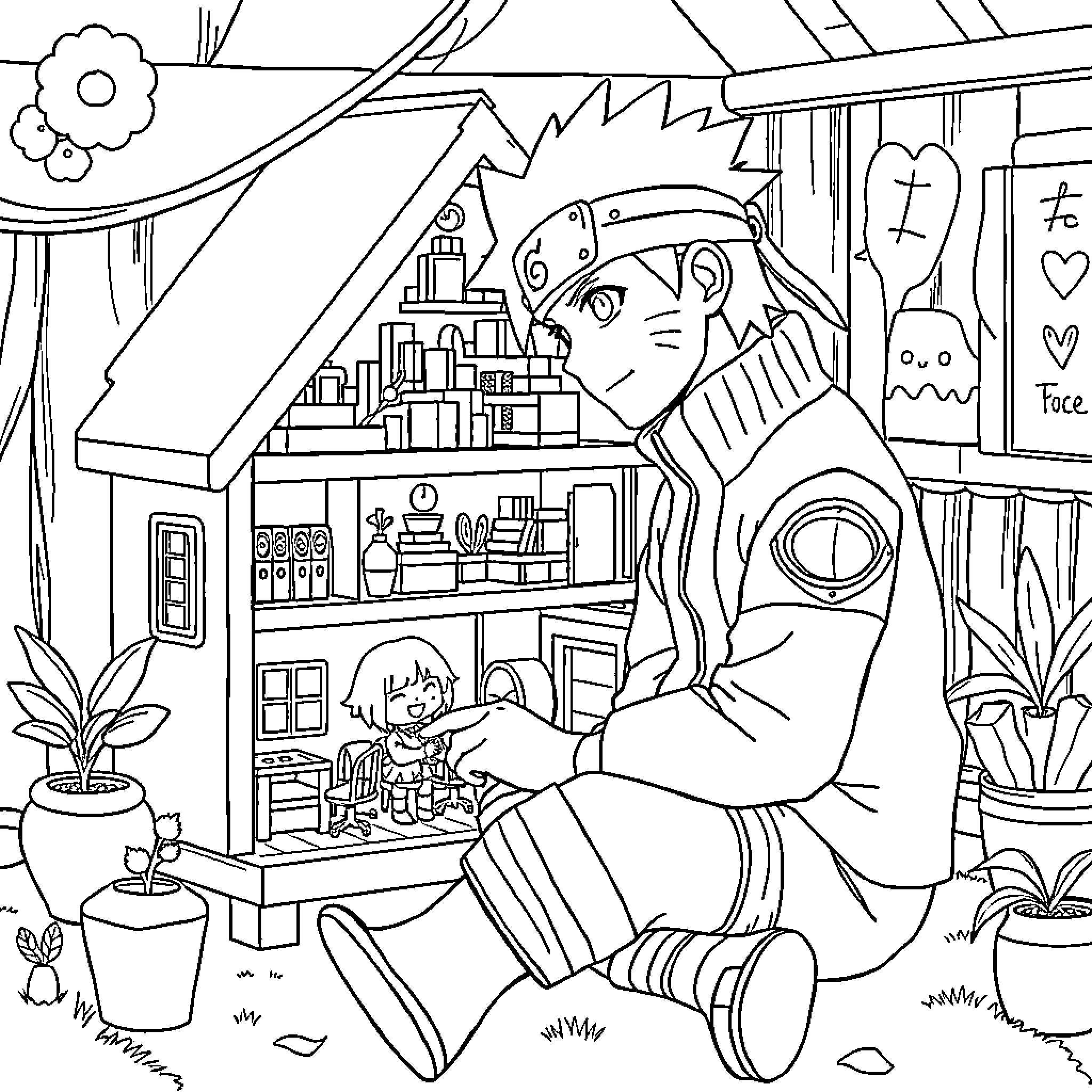 Naruto's Cozy Hideaway and Toy Shop Coloring Page (free black-and-white line drawing printable PDF for all, from beginners to advanced learners, including children, teens, adults, and seniors)