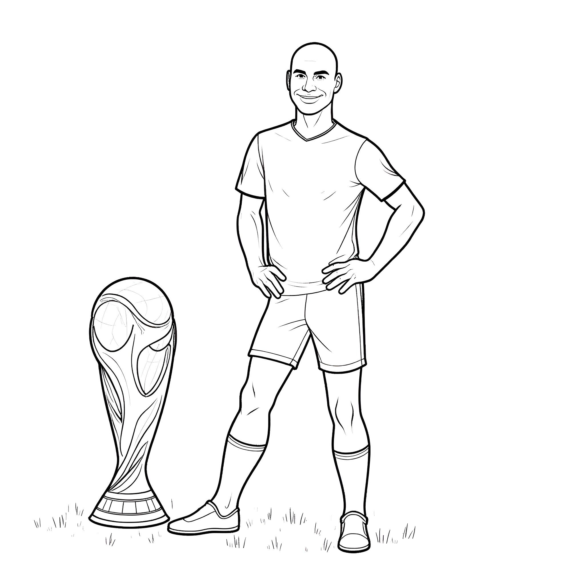 Zinedine Zidane celebrating with the World Cup trophy Coloring Page (free black-and-white line drawing printable PDF for all, from beginners to advanced learners, including children, teens, adults, and seniors)