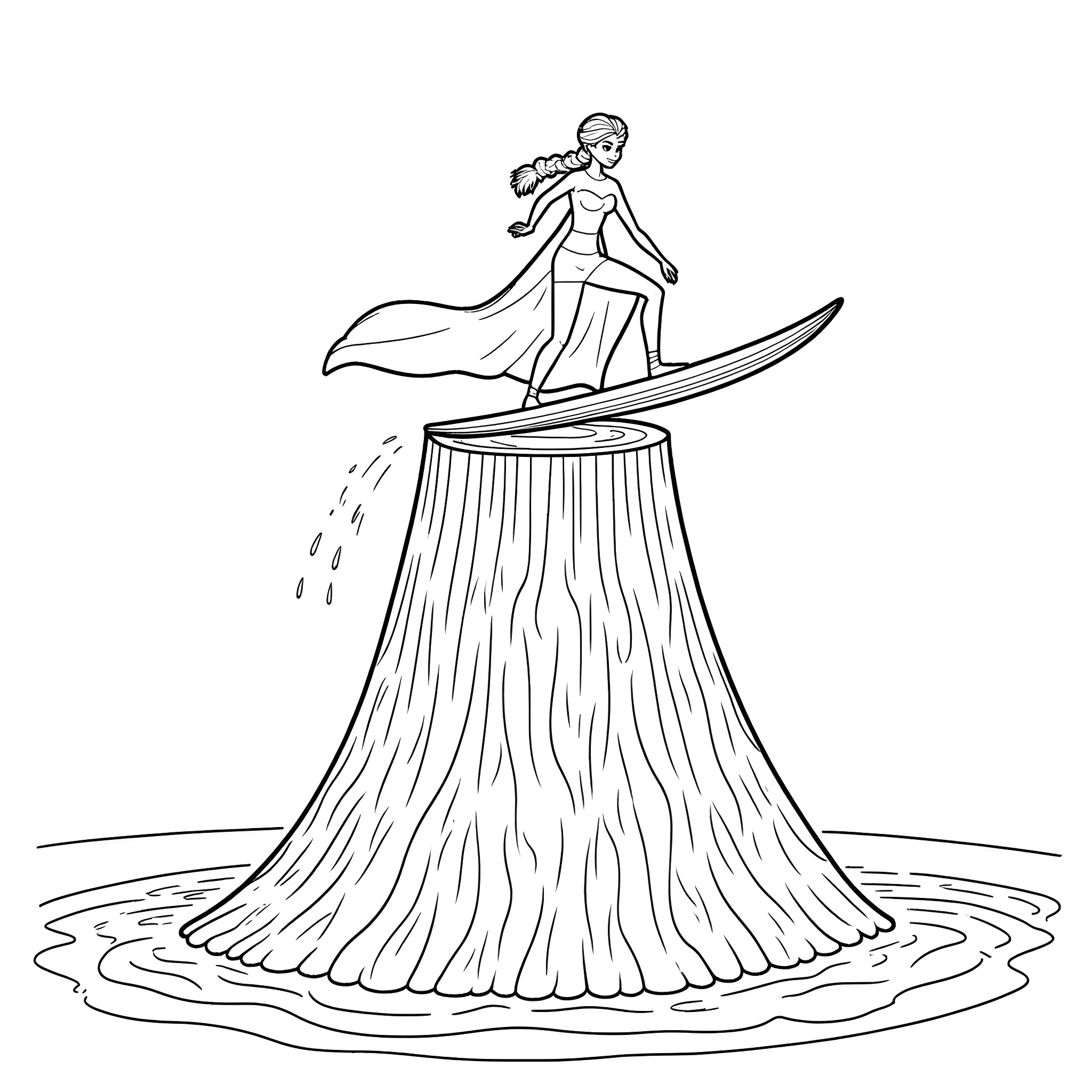 Elsa surfing elegantly on a waterfall Coloring Page (free black-and-white line drawing printable PDF for all, from beginners to advanced learners, including children, teens, adults, and seniors)