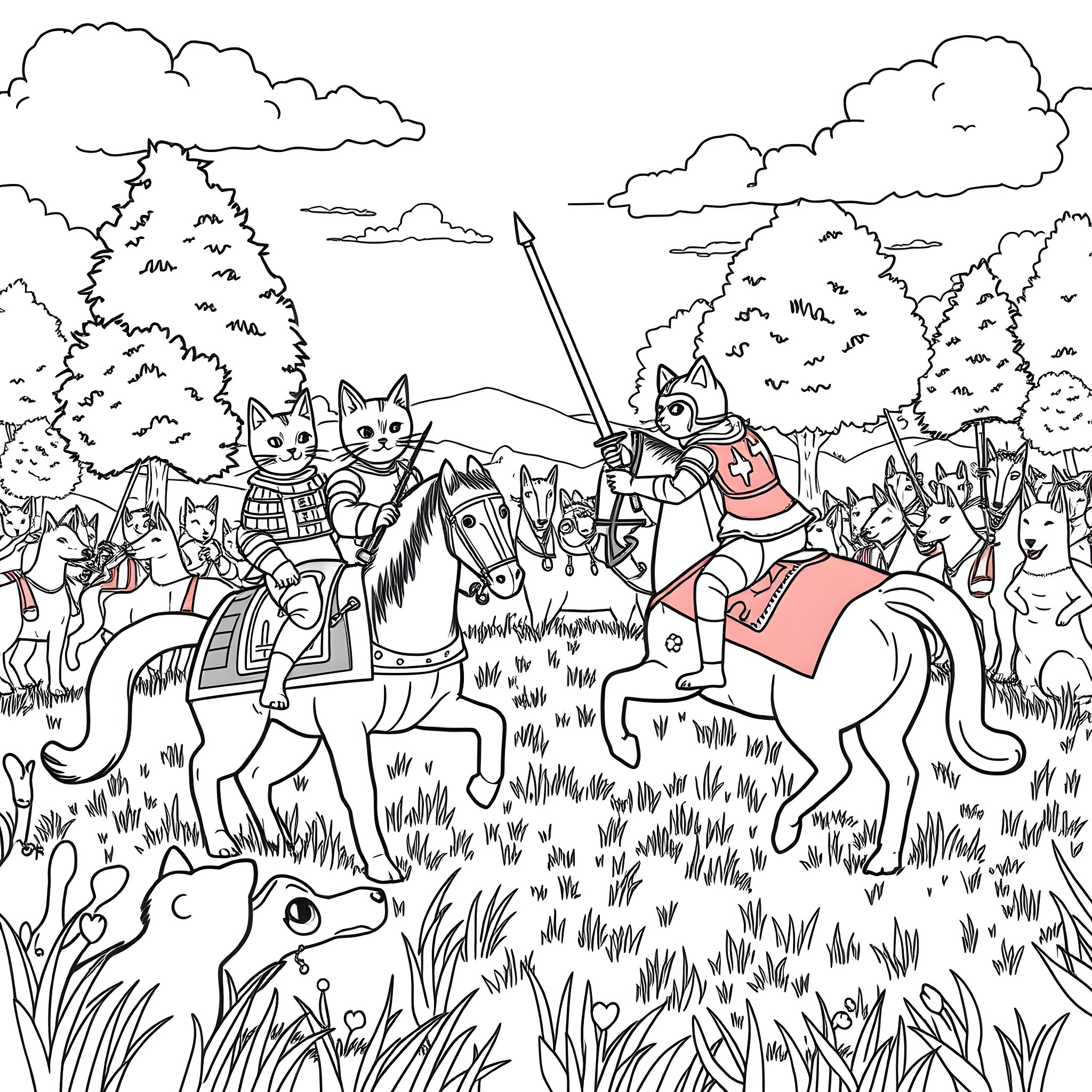 Cats in Medieval Battlefield Coloring Page (free black-and-white line drawing printable PDF for all, from beginners to advanced learners, including children, teens, adults, and seniors)