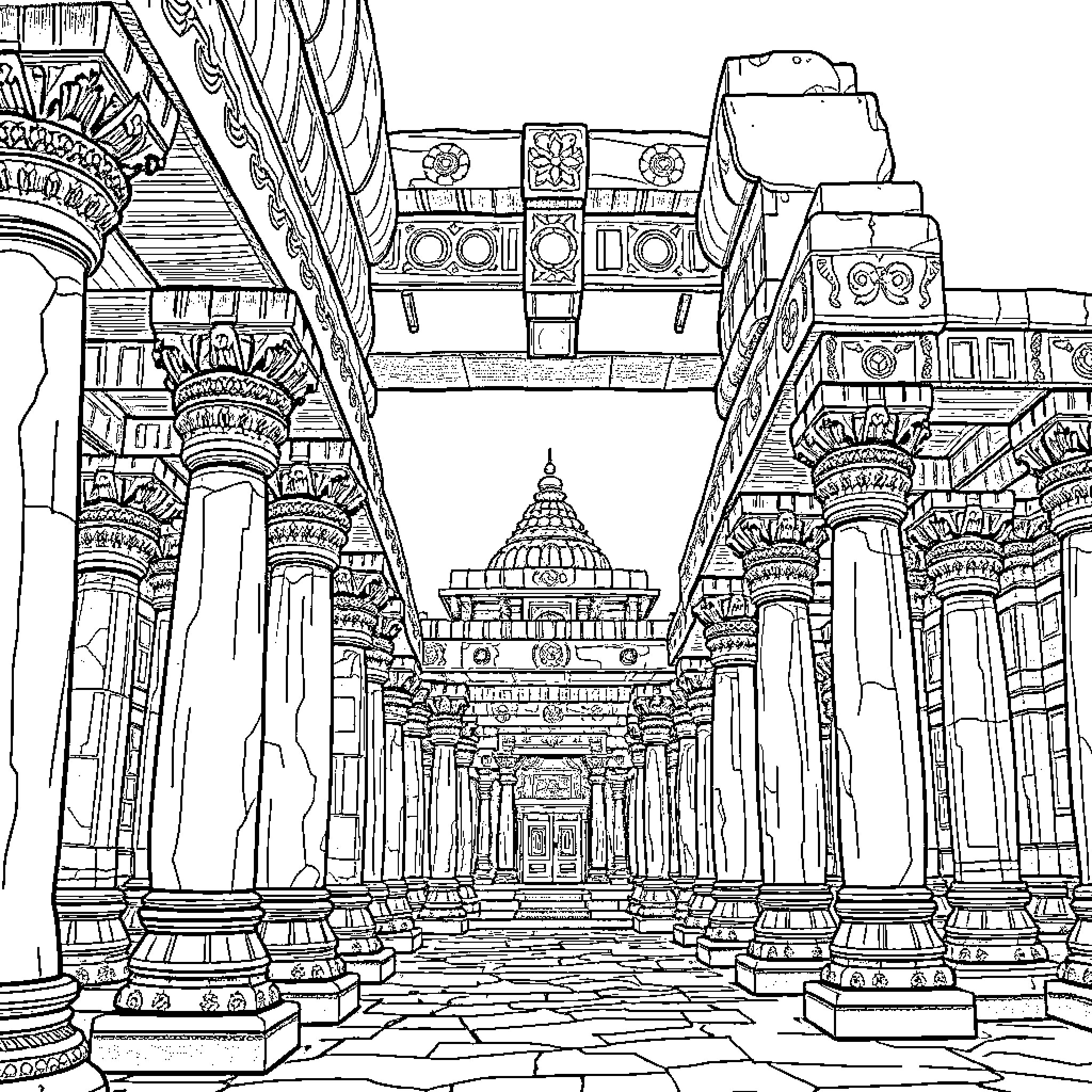 Temple of Intricate Architectural Grandeur Coloring Page (free black-and-white line drawing printable PDF for all, from beginners to advanced learners, including children, teens, adults, and seniors)
