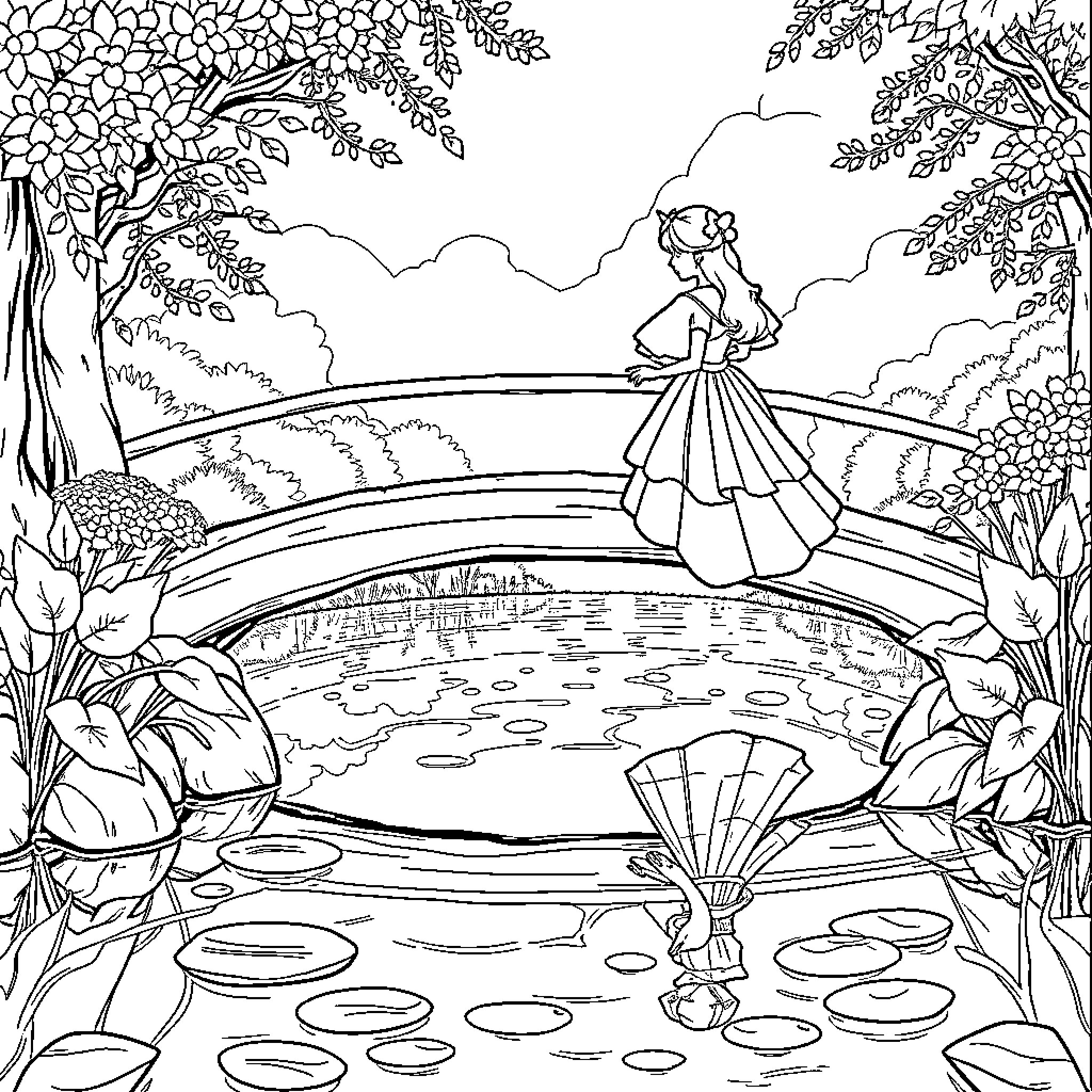 Princess Admiring Serene Pond Scenery Coloring Page (free black-and-white line drawing printable PDF for all, from beginners to advanced learners, including children, teens, adults, and seniors)