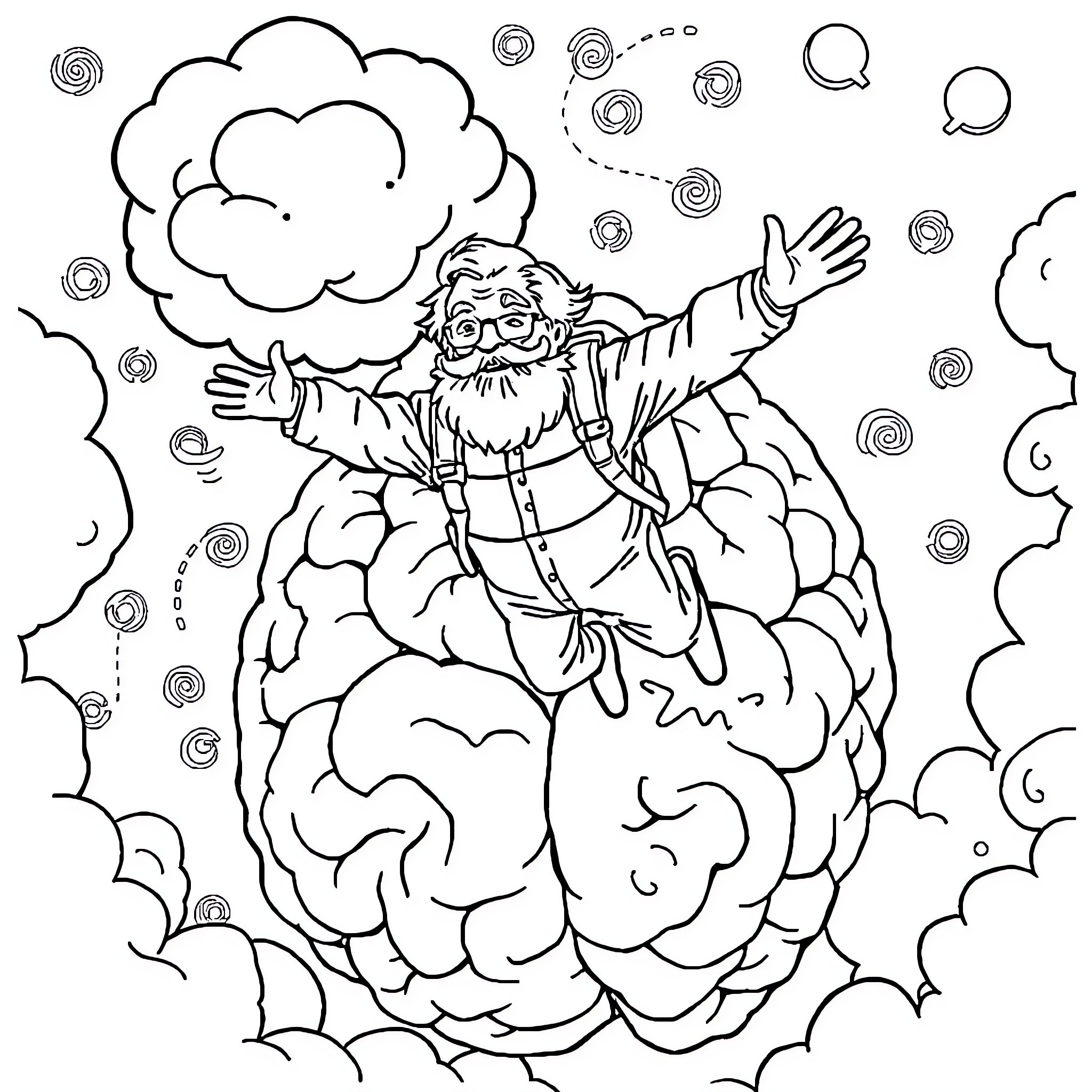 Freud soaring through the subconscious mind Coloring Page (free black-and-white line drawing printable PDF for all, from beginners to advanced learners, including children, teens, adults, and seniors)