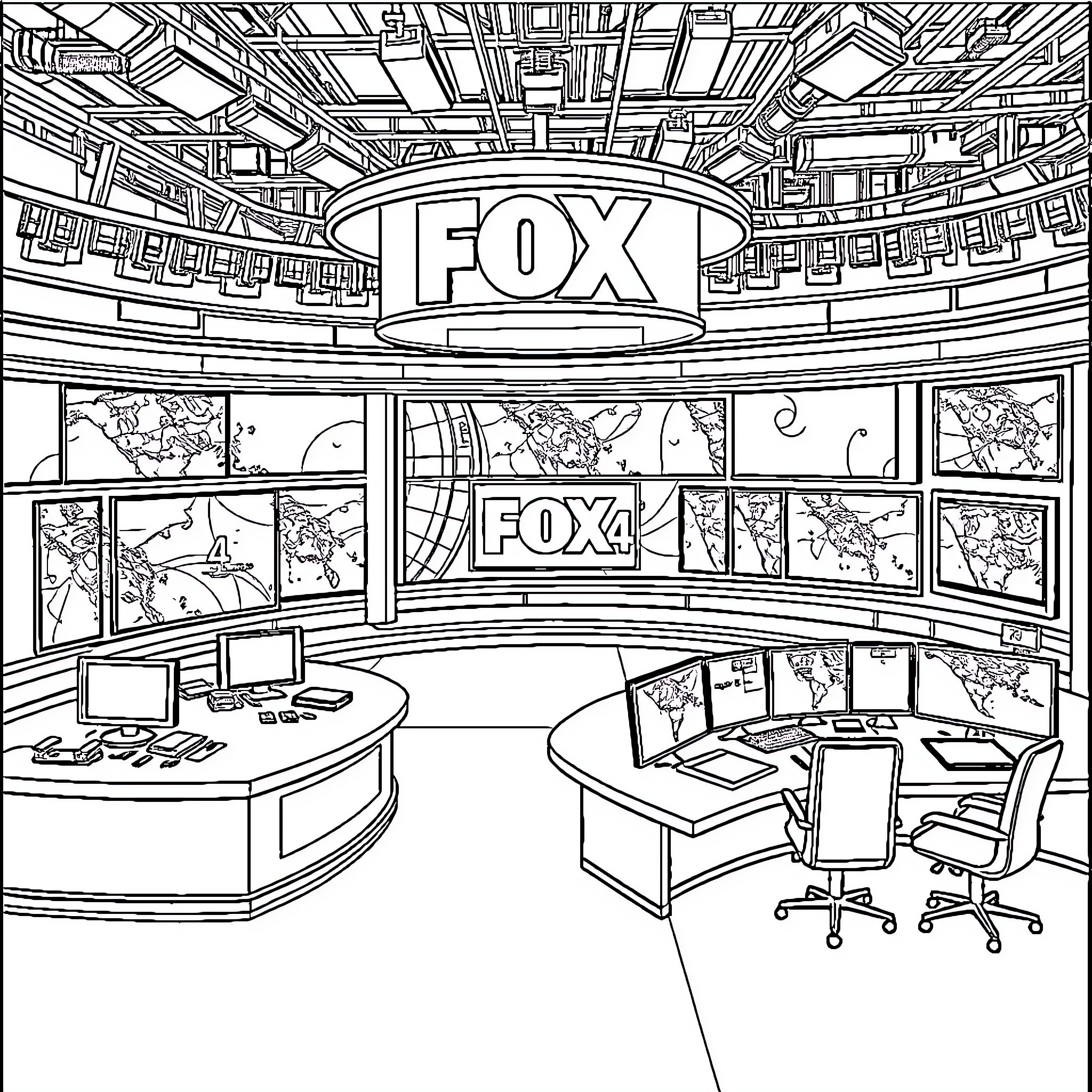 News Station Interior with Broadcast Equipment Coloring Page (free black-and-white line drawing printable PDF for all, from beginners to advanced learners, including children, teens, adults, and seniors)