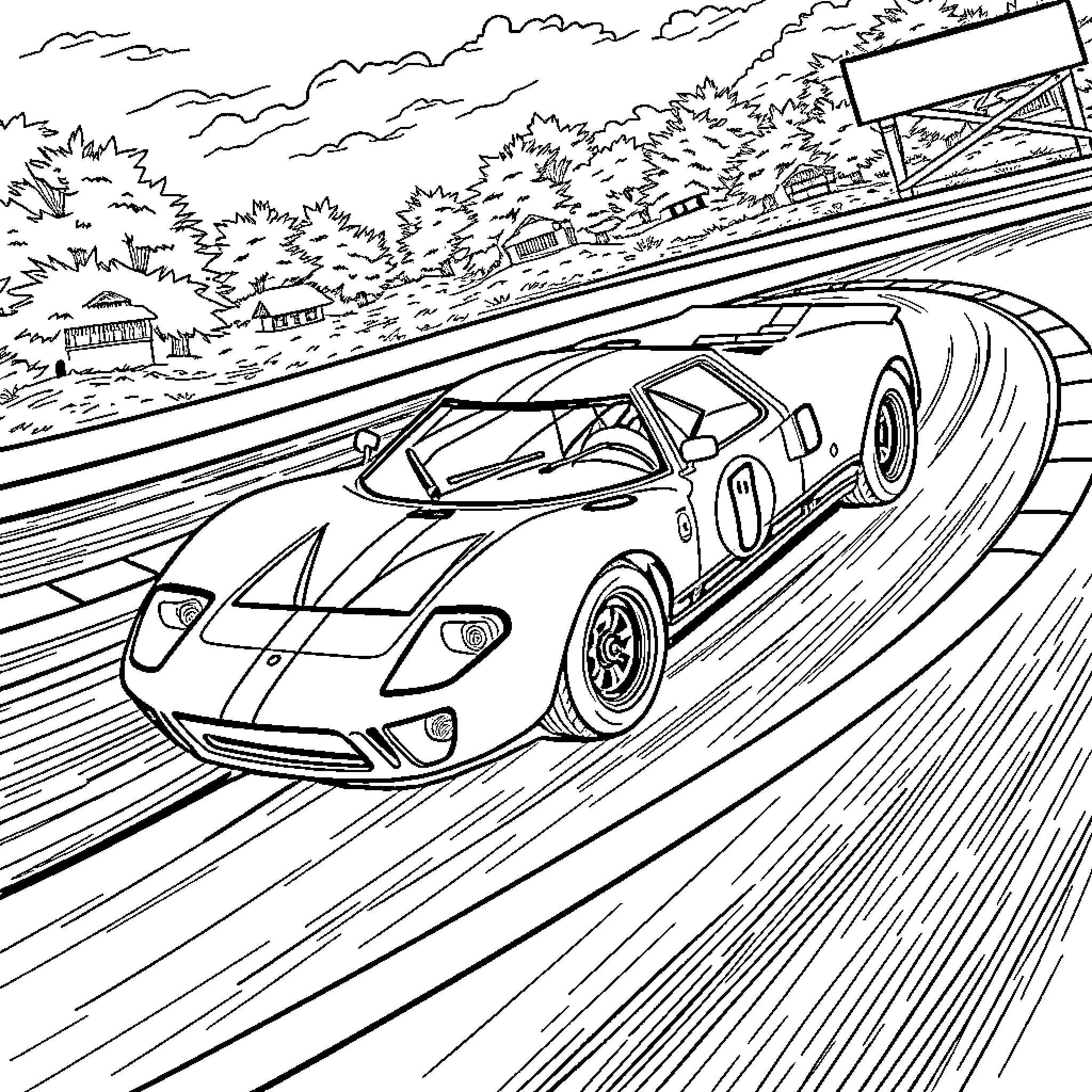 Ford GT40 racing on a winding road in the countryside Coloring Page (free black-and-white line drawing printable PDF for all, from beginners to advanced learners, including children, teens, adults, and seniors)