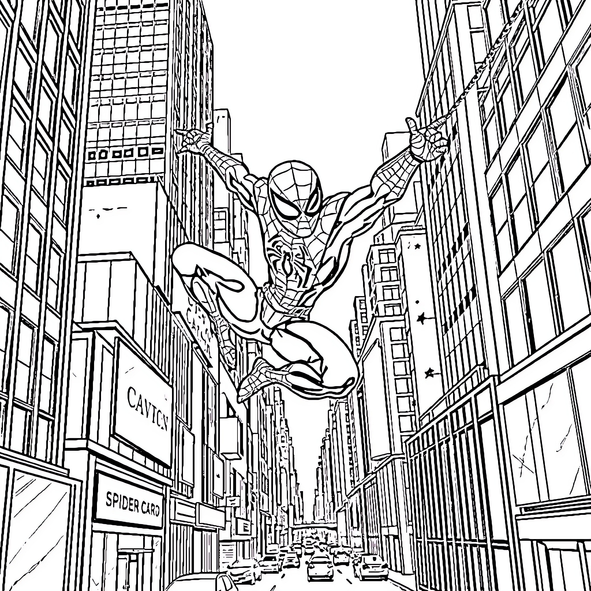 Spiderman swinging through the city streets Coloring Page (free black-and-white line drawing printable PDF for all, from beginners to advanced learners, including children, teens, adults, and seniors)