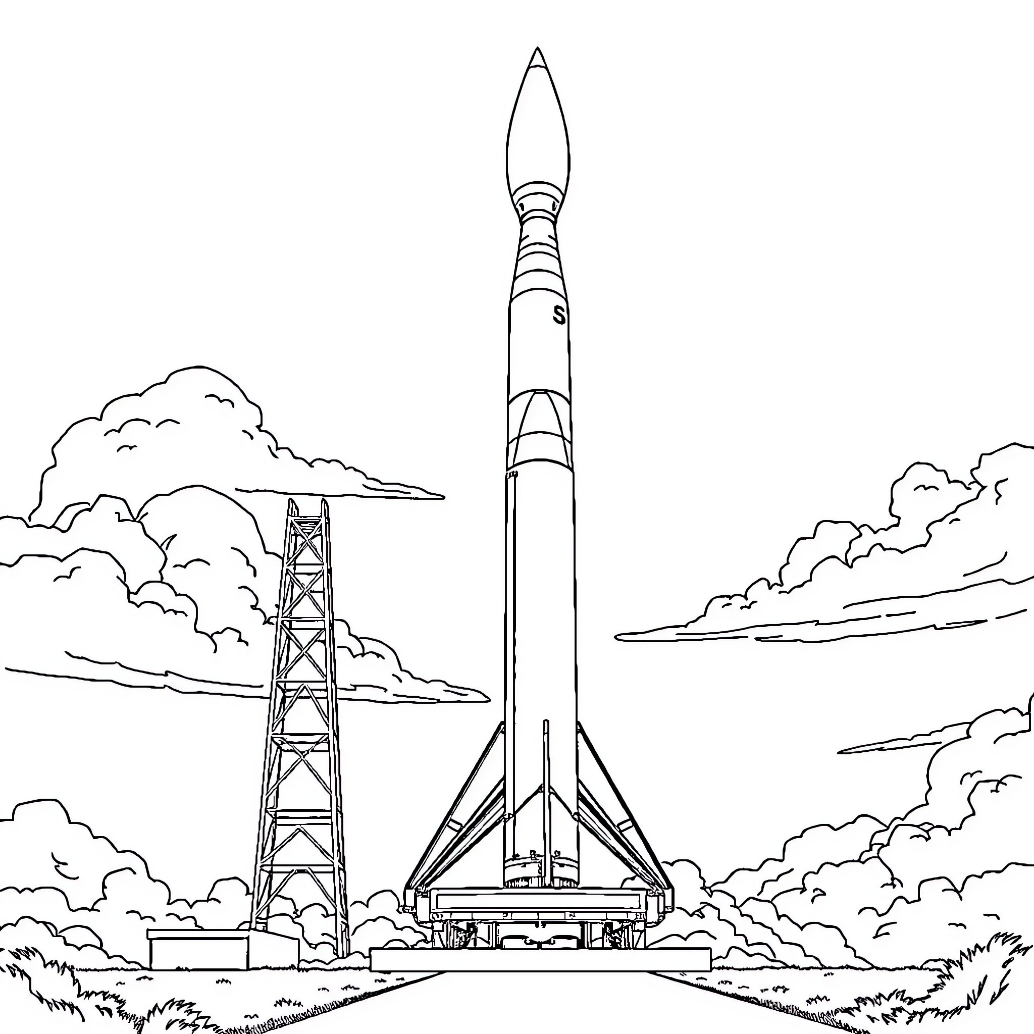 Falcon 9 rocket launching into the sky Coloring Page (free black-and-white line drawing printable PDF for all, from beginners to advanced learners, including children, teens, adults, and seniors)