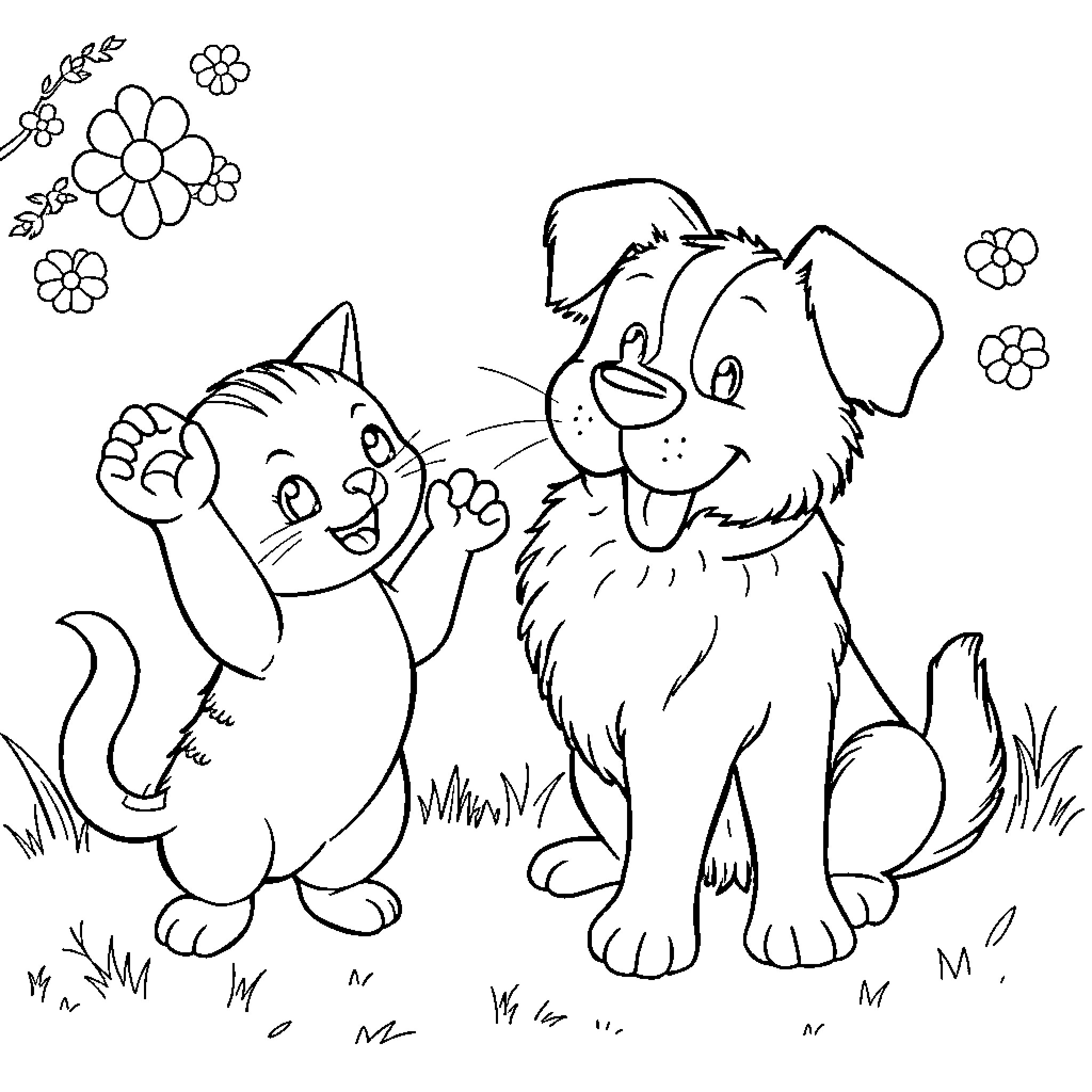 Kitty and puppy playing together in nature Coloring Page (free black-and-white line drawing printable PDF for all, from beginners to advanced learners, including children, teens, adults, and seniors)