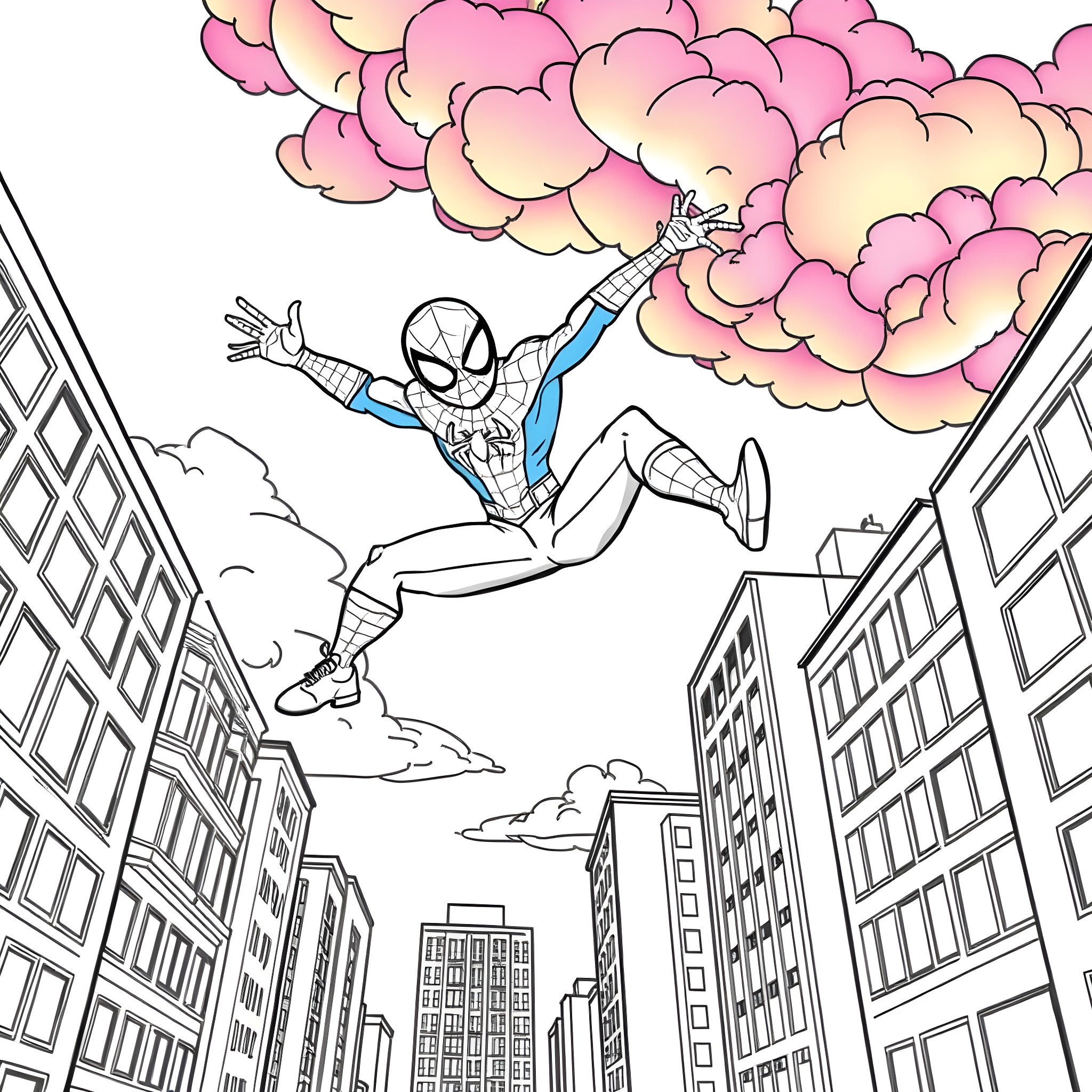 Bluey's Superhero Adventure in the City Coloring Page (free black-and-white line drawing printable PDF for all, from beginners to advanced learners, including children, teens, adults, and seniors)