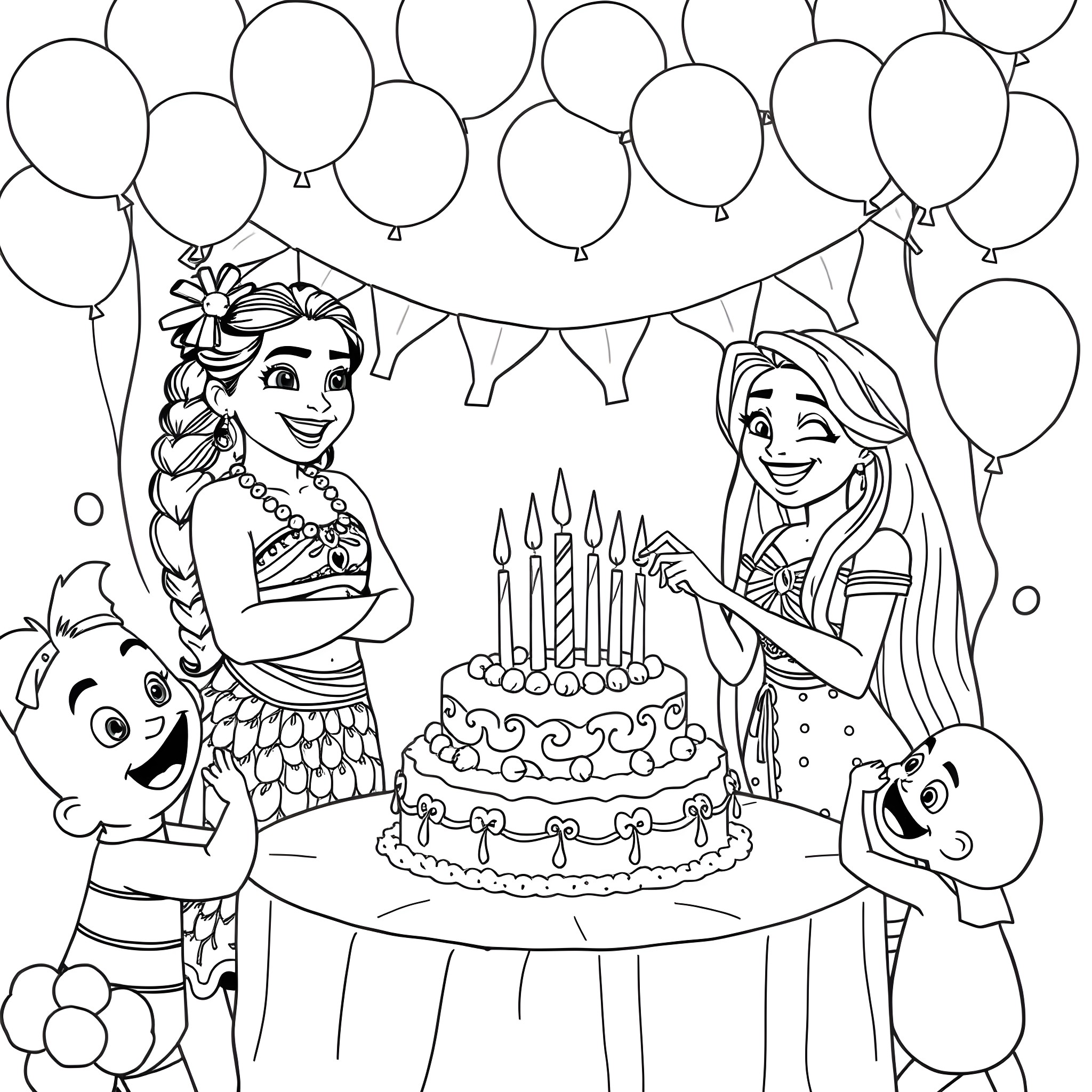 Moana celebrating her birthday with friends Coloring Page (free black-and-white line drawing printable PDF for all, from beginners to advanced learners, including children, teens, adults, and seniors)