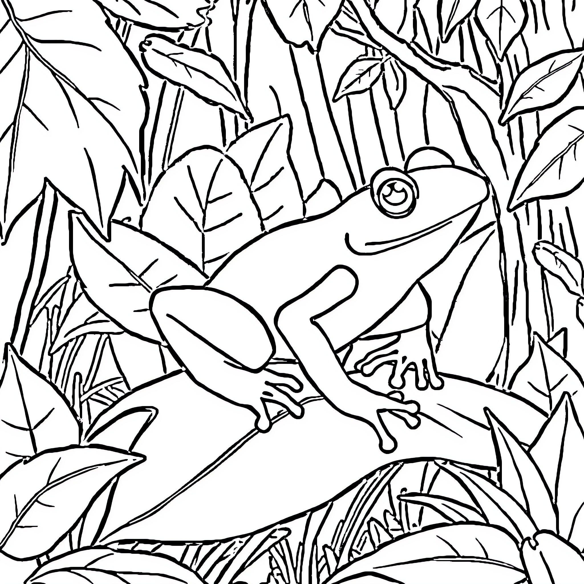 Frog hiding in the lush foliage Coloring Page (free black-and-white line drawing printable PDF for all, from beginners to advanced learners, including children, teens, adults, and seniors)