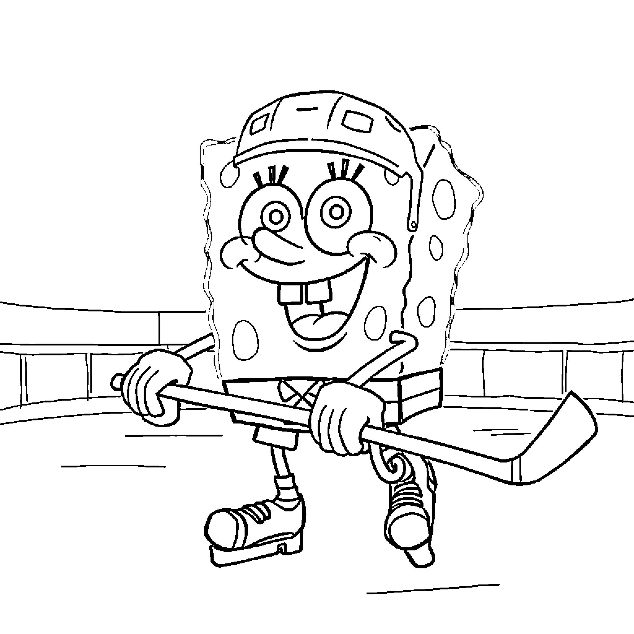 Spongebob playing hockey happily on the rink Coloring Page (free black-and-white line drawing printable PDF for all, from beginners to advanced learners, including children, teens, adults, and seniors)