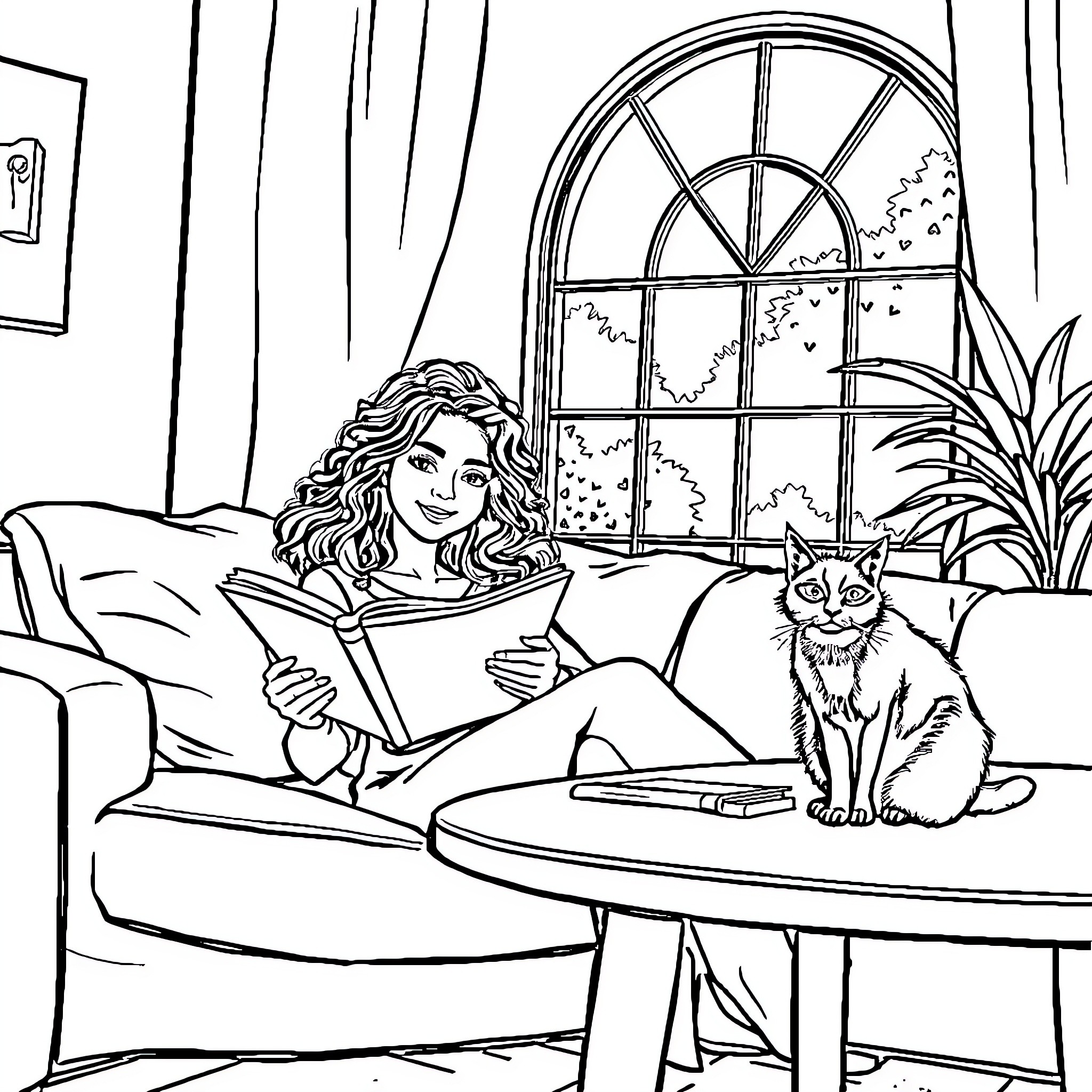Woman reading a book in a cozy home setting Coloring Page (free black-and-white line drawing printable PDF for all, from beginners to advanced learners, including children, teens, adults, and seniors)
