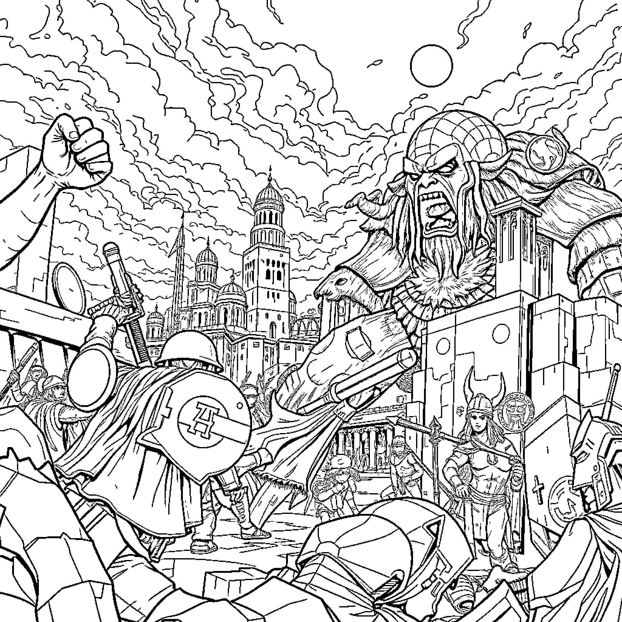 Attack on Titan: Epic Battle in the Dystopian Cityscape Coloring Page (free black-and-white line drawing printable PDF for all, from beginners to advanced learners, including children, teens, adults, and seniors)