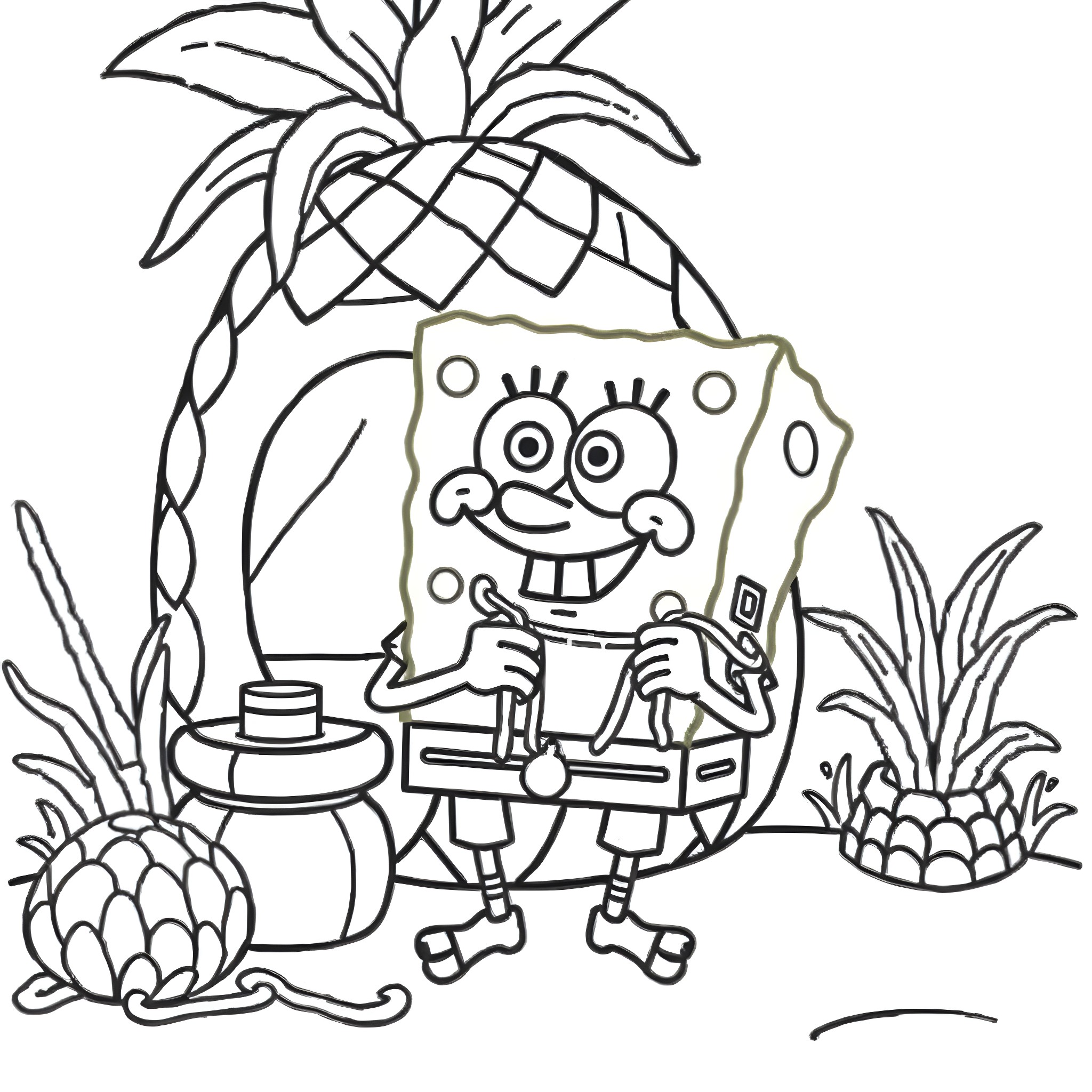 Spongebob enjoying the tropical scenery Coloring Page (free black-and-white line drawing printable PDF for all, from beginners to advanced learners, including children, teens, adults, and seniors)