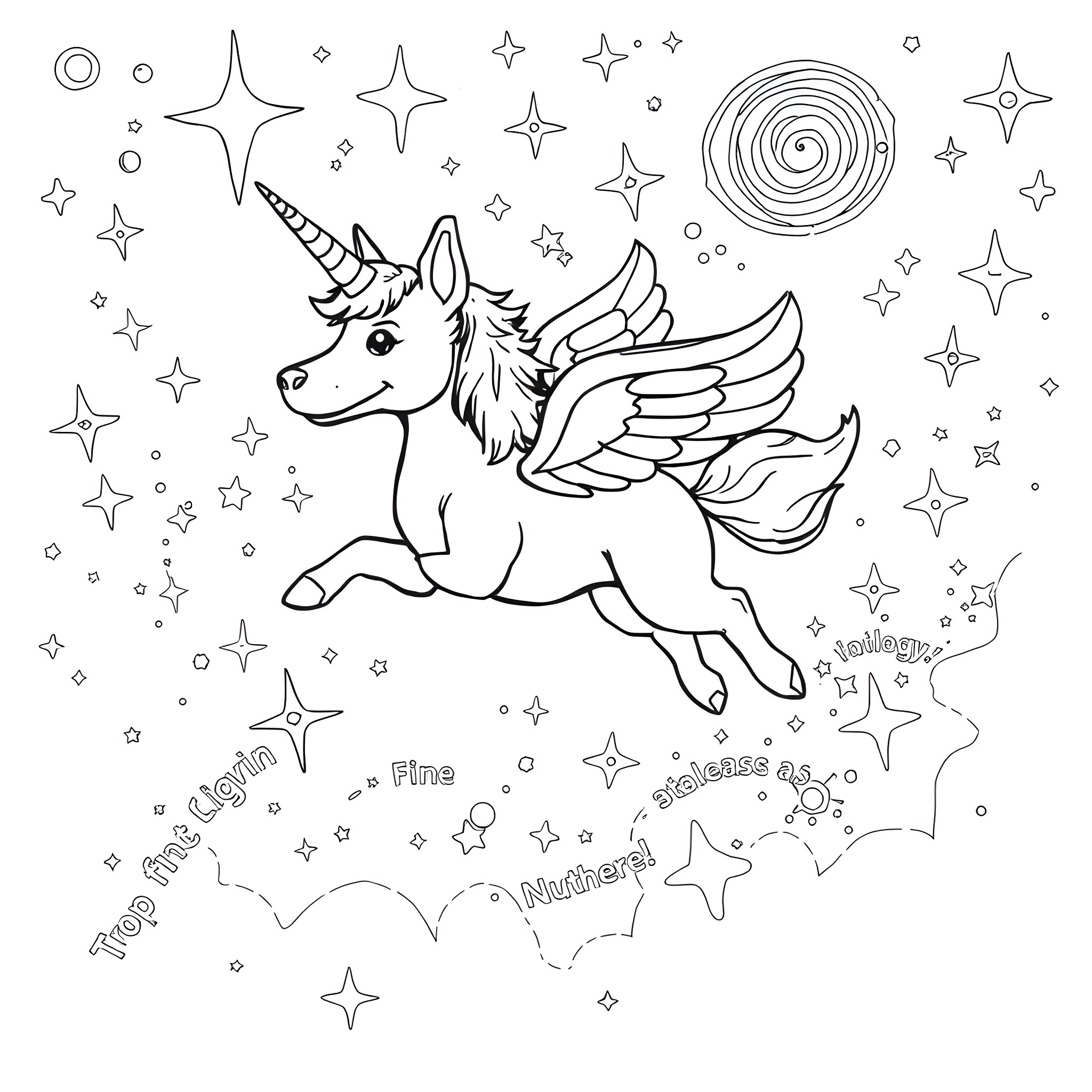 Dog-Unicorn flying through a starry night sky Coloring Page (free black-and-white line drawing printable PDF for all, from beginners to advanced learners, including children, teens, adults, and seniors)