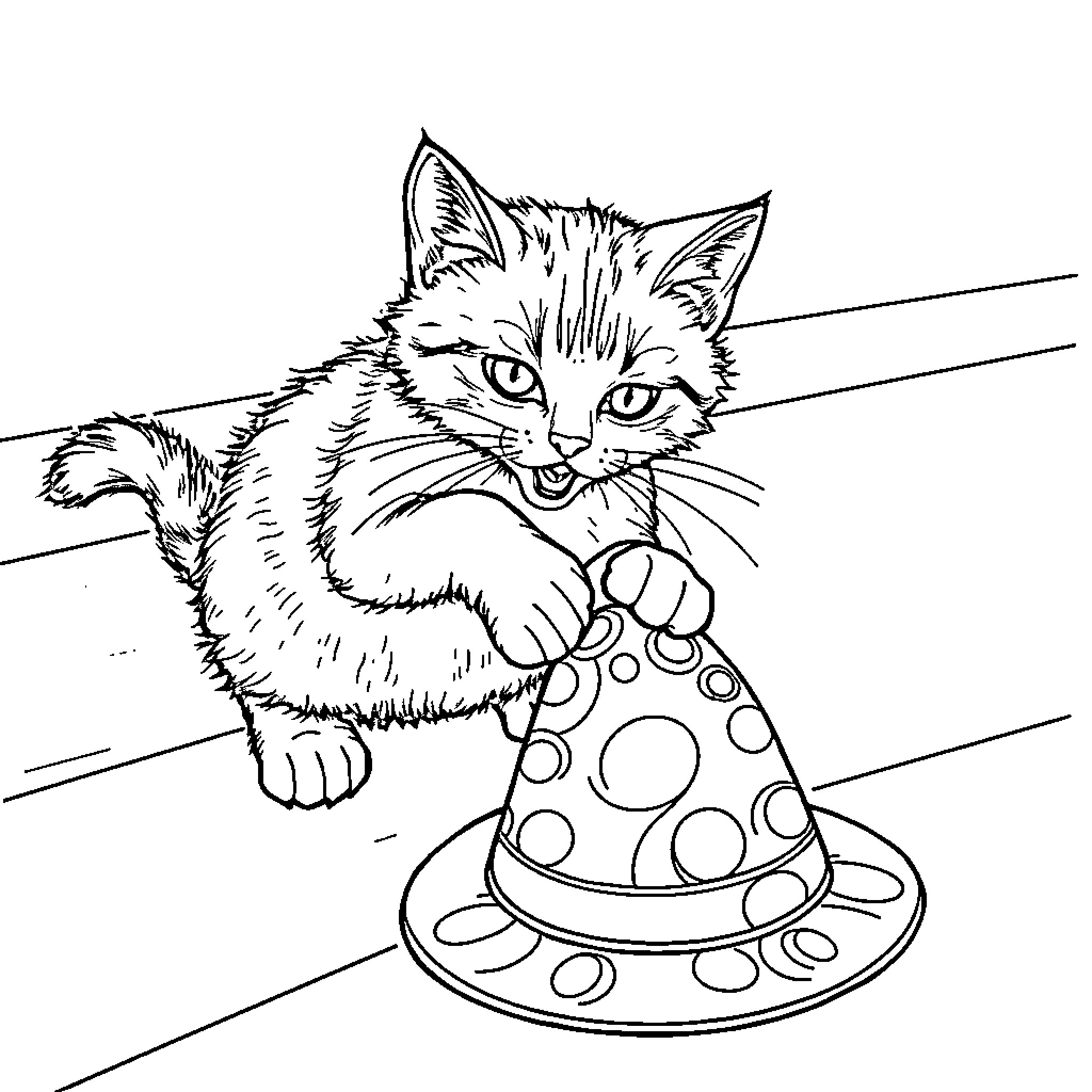 Cat playing with polka dot toy Coloring Page (free black-and-white line drawing printable PDF for all, from beginners to advanced learners, including children, teens, adults, and seniors)