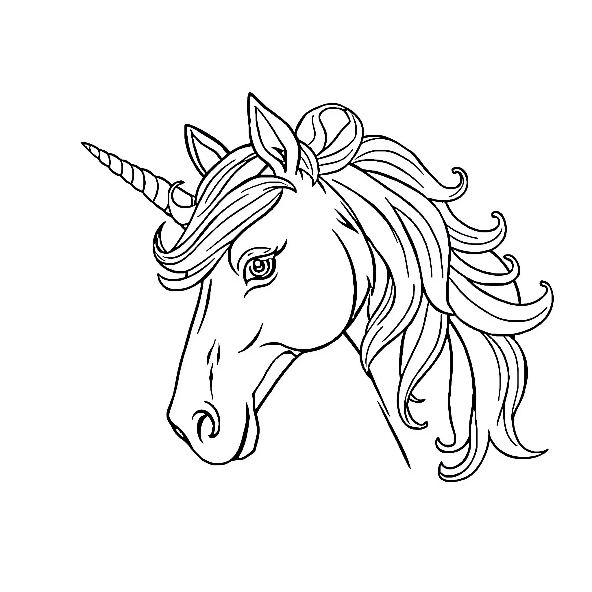 Unicorn with fantastical mane and horn Coloring Page (free black-and-white line drawing printable PDF for all, from beginners to advanced learners, including children, teens, adults, and seniors)