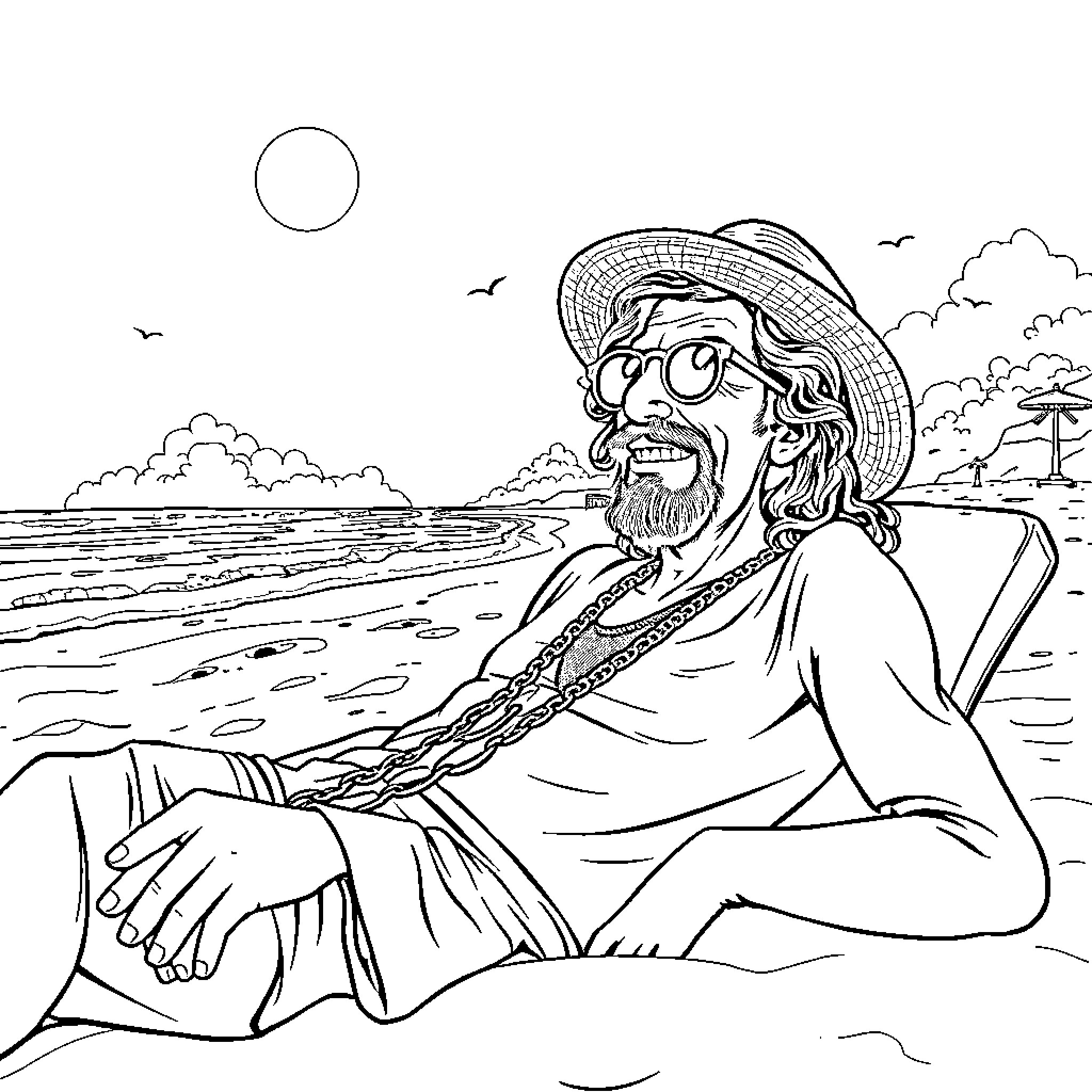 Frank Zappa relaxing on a sandy beach Coloring Page (free black-and-white line drawing printable PDF for all, from beginners to advanced learners, including children, teens, adults, and seniors)