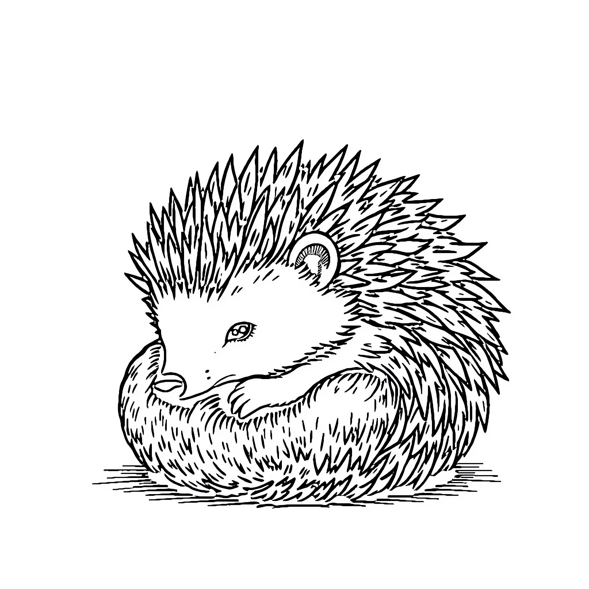 Hedgehog curled up in a ball Coloring Page (free black-and-white line drawing printable PDF for all, from beginners to advanced learners, including children, teens, adults, and seniors)