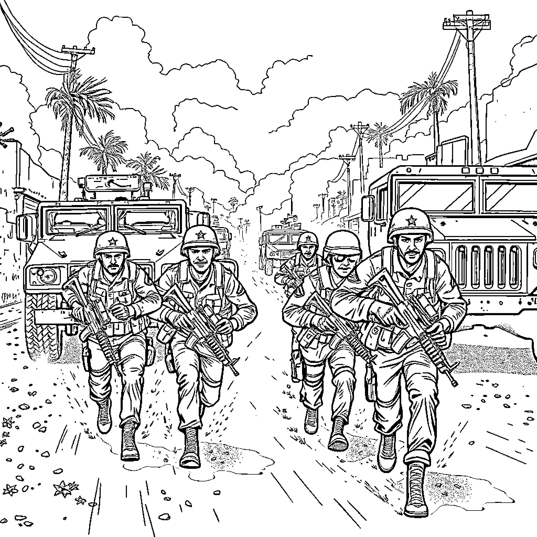Soldier squad on combat mission in urban setting Coloring Page (free black-and-white line drawing printable PDF for all, from beginners to advanced learners, including children, teens, adults, and seniors)