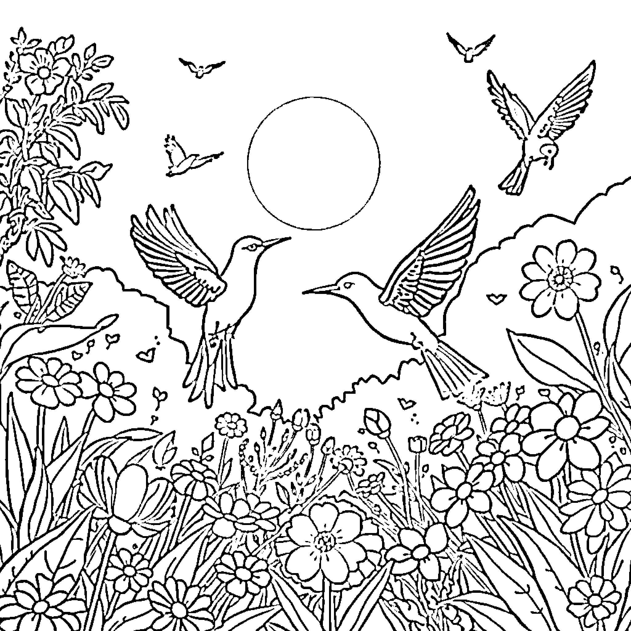 Bird wildlife in a floral garden Coloring Page (free black-and-white line drawing printable PDF for all, from beginners to advanced learners, including children, teens, adults, and seniors)