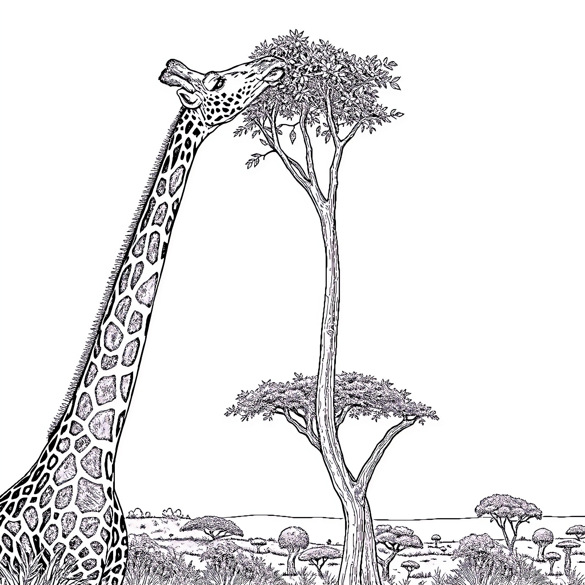 Giraffe browsing amongst the trees in the savanna Coloring Page (free black-and-white line drawing printable PDF for all, from beginners to advanced learners, including children, teens, adults, and seniors)