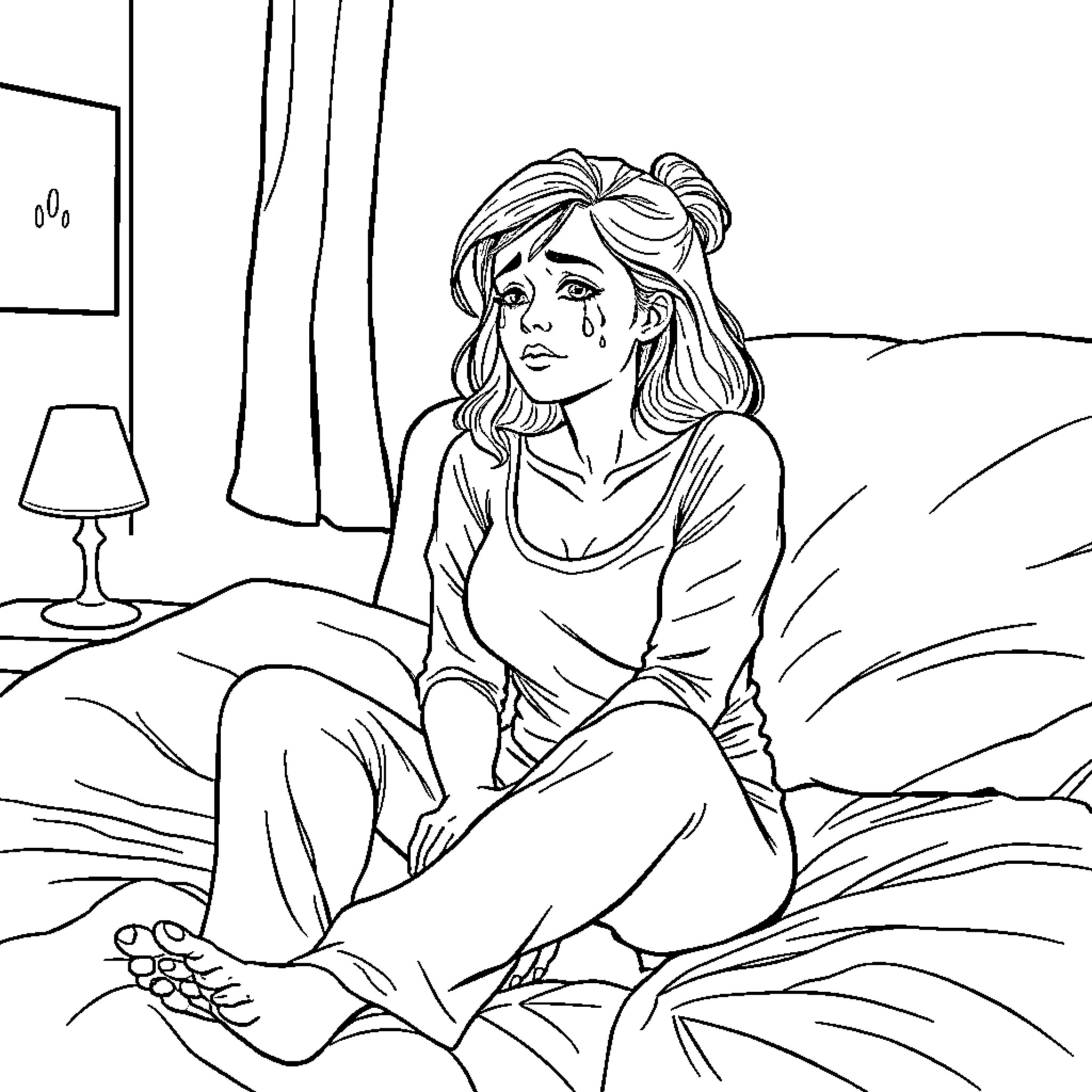 Mom crying alone in a dimly lit room Coloring Page (free black-and-white line drawing printable PDF for all, from beginners to advanced learners, including children, teens, adults, and seniors)