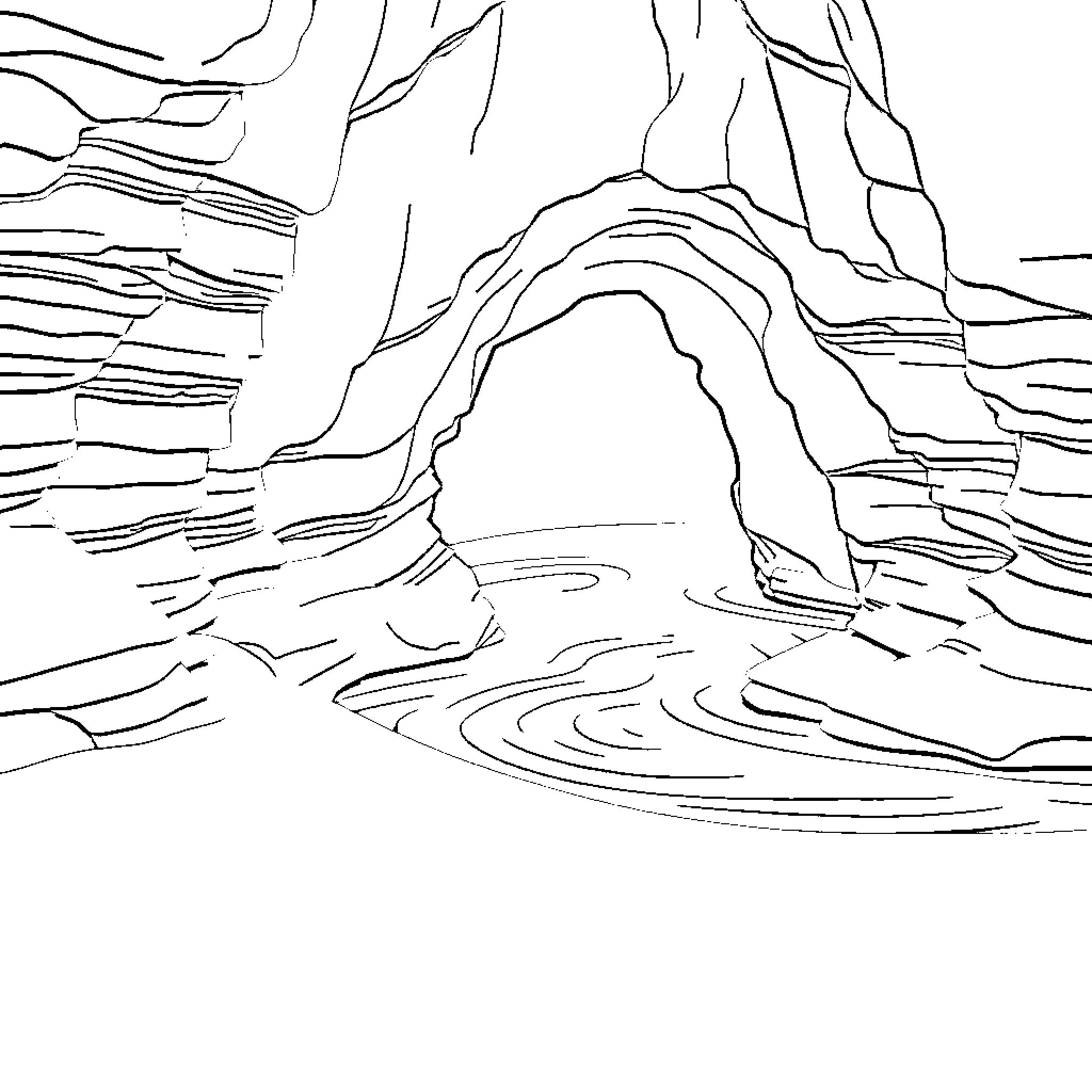 Cave with Dramatic Rock Formations Coloring Page (free black-and-white line drawing printable PDF for all, from beginners to advanced learners, including children, teens, adults, and seniors)