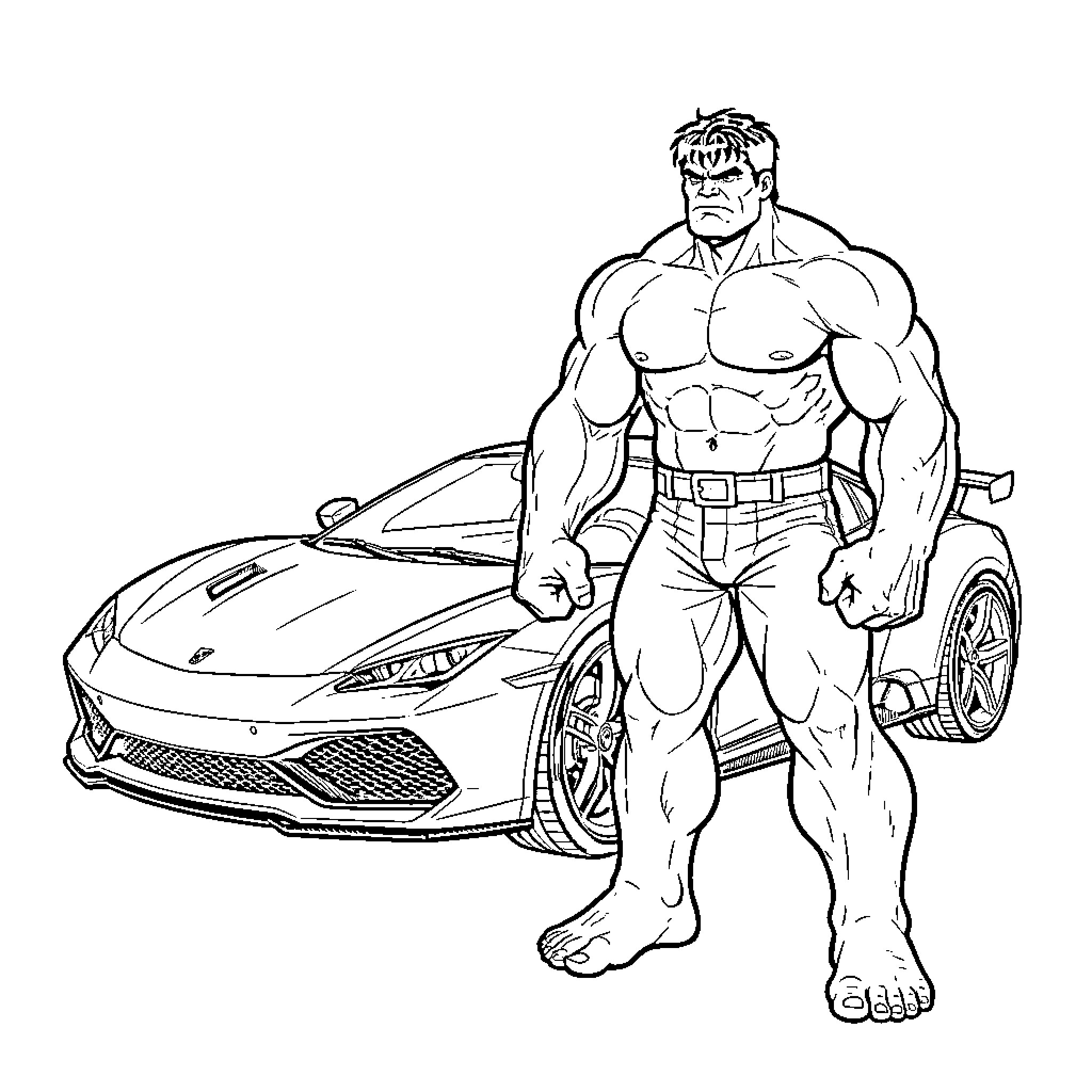 Hulk standing powerfully in front of a sports car Coloring Page (free black-and-white line drawing printable PDF for all, from beginners to advanced learners, including children, teens, adults, and seniors)