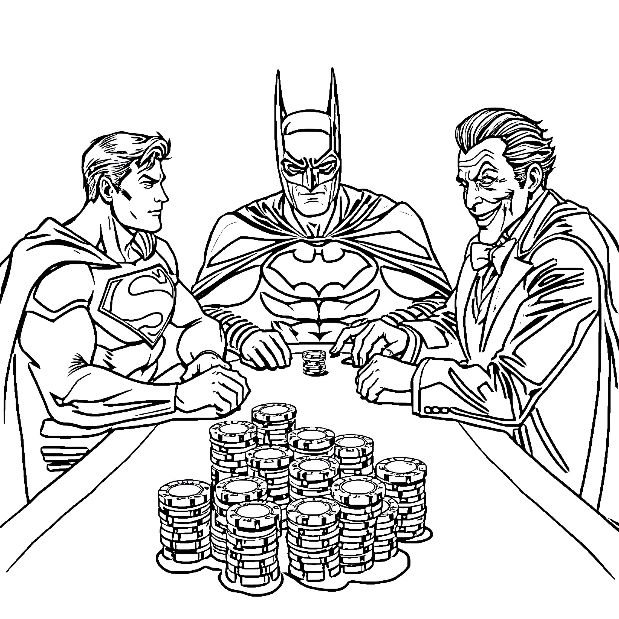 Superhero Trio Gambles in High Stakes Poker Game Coloring Page (free black-and-white line drawing printable PDF for all, from beginners to advanced learners, including children, teens, adults, and seniors)