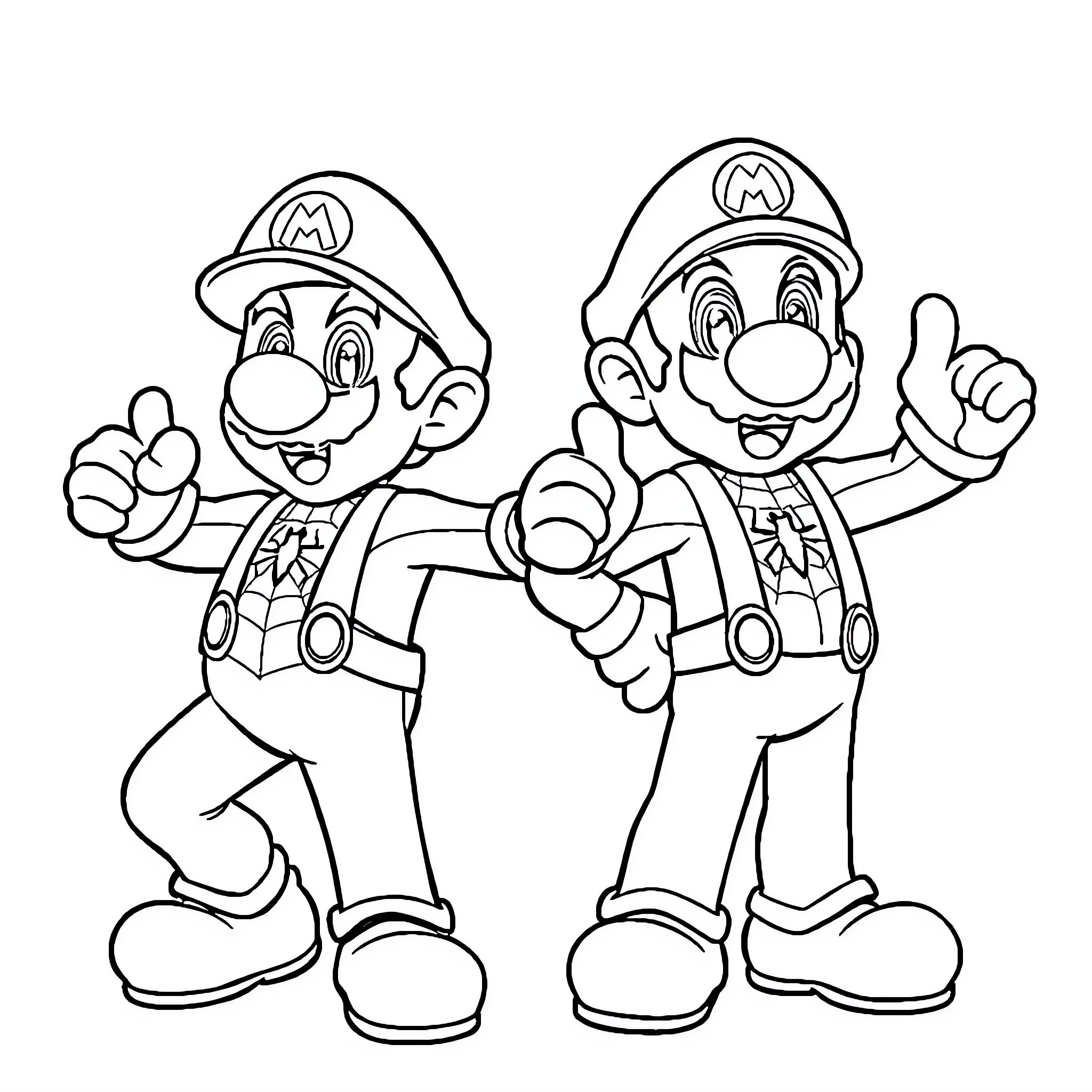 Mario brothers in their iconic costumes Coloring Page (free black-and-white line drawing printable PDF for all, from beginners to advanced learners, including children, teens, adults, and seniors)