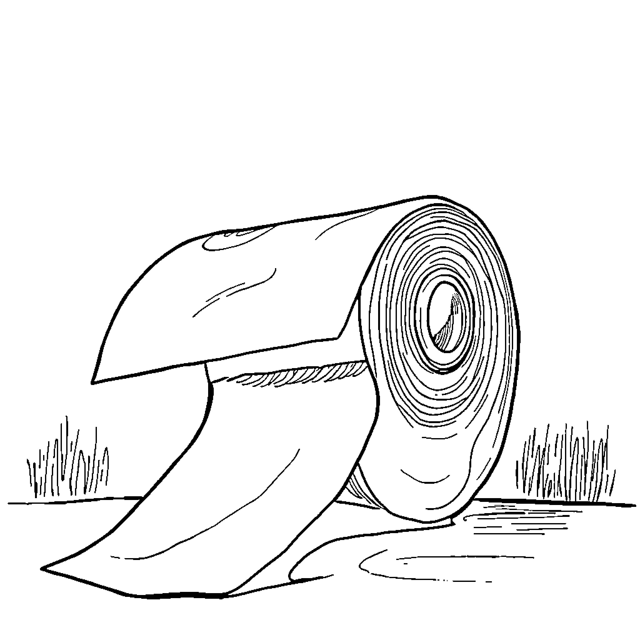 Toilet Paper Roll Tumbling in Grass Coloring Page (free black-and-white line drawing printable PDF for all, from beginners to advanced learners, including children, teens, adults, and seniors)