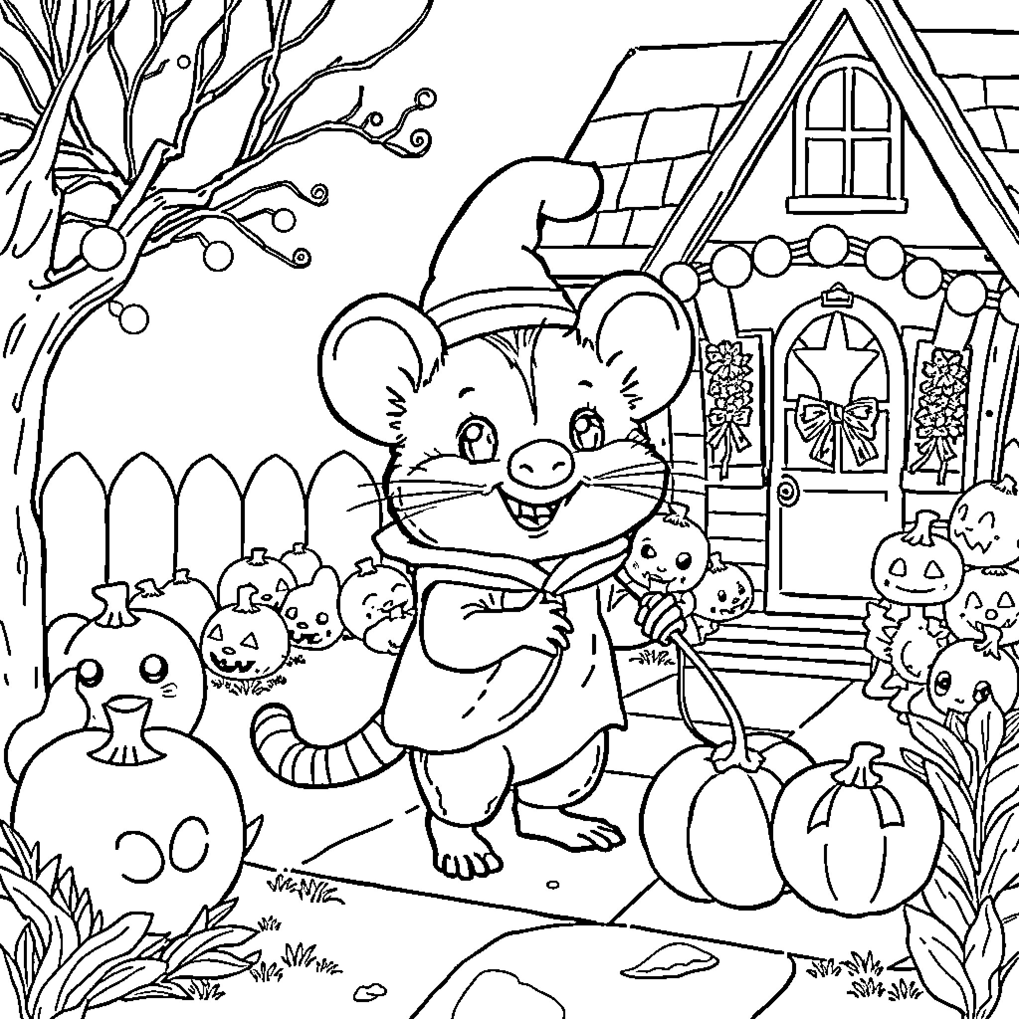 Possum exploring a festive autumn landscape Coloring Page (free black-and-white line drawing printable PDF for all, from beginners to advanced learners, including children, teens, adults, and seniors)