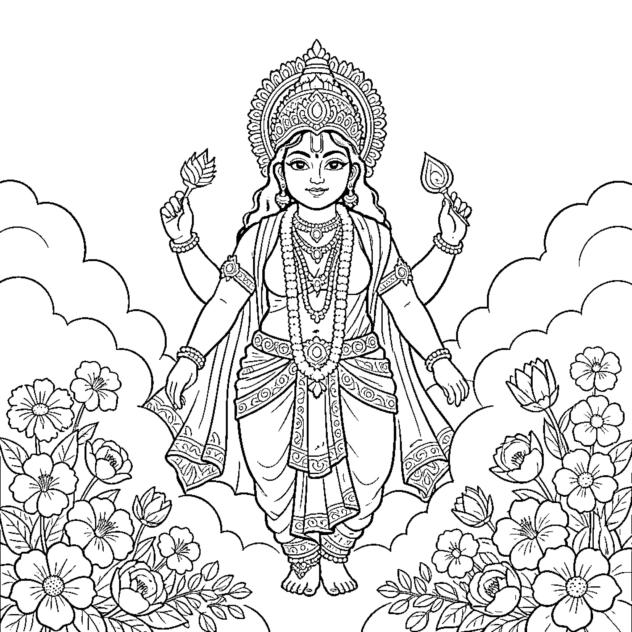 Durga, the Compassionate Mother Goddess, amid Blossoming Flowers Coloring Page (free black-and-white line drawing printable PDF for all, from beginners to advanced learners, including children, teens, adults, and seniors)