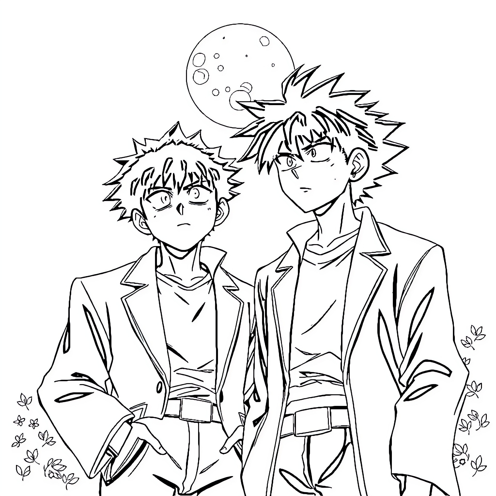 Heiji Hattori and Friend in Stylish Suits under Moonlit Sky Coloring Page (free black-and-white line drawing printable PDF for all, from beginners to advanced learners, including children, teens, adults, and seniors)
