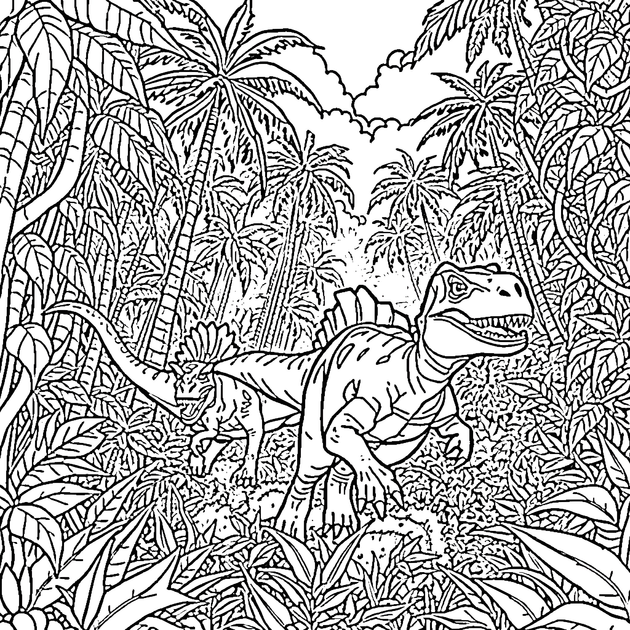 Dinosaur roaming in the lush jungle landscape Coloring Page (free black-and-white line drawing printable PDF for all, from beginners to advanced learners, including children, teens, adults, and seniors)