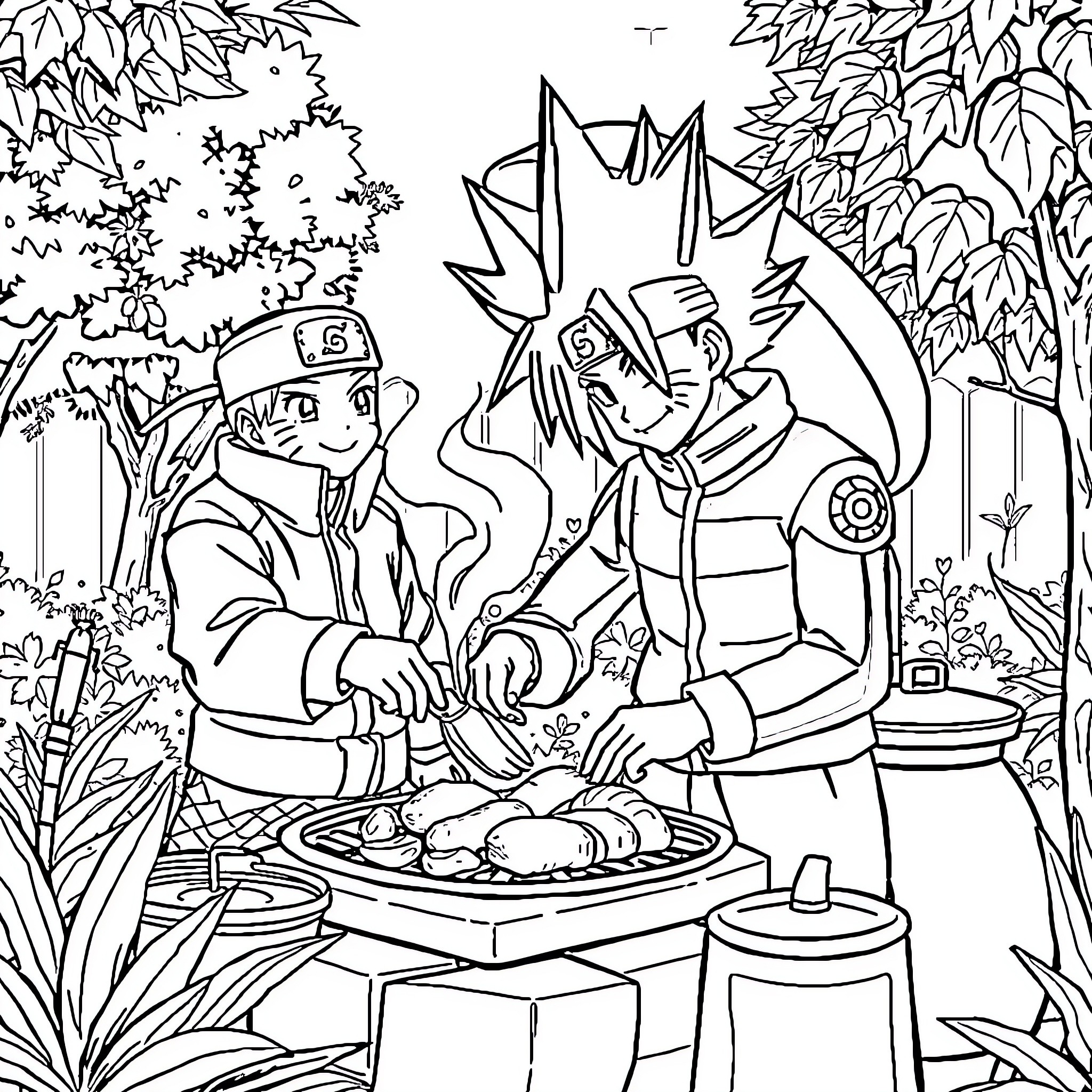 Naruto Characters Cooking Outdoors in Nature Coloring Page (free black-and-white line drawing printable PDF for all, from beginners to advanced learners, including children, teens, adults, and seniors)