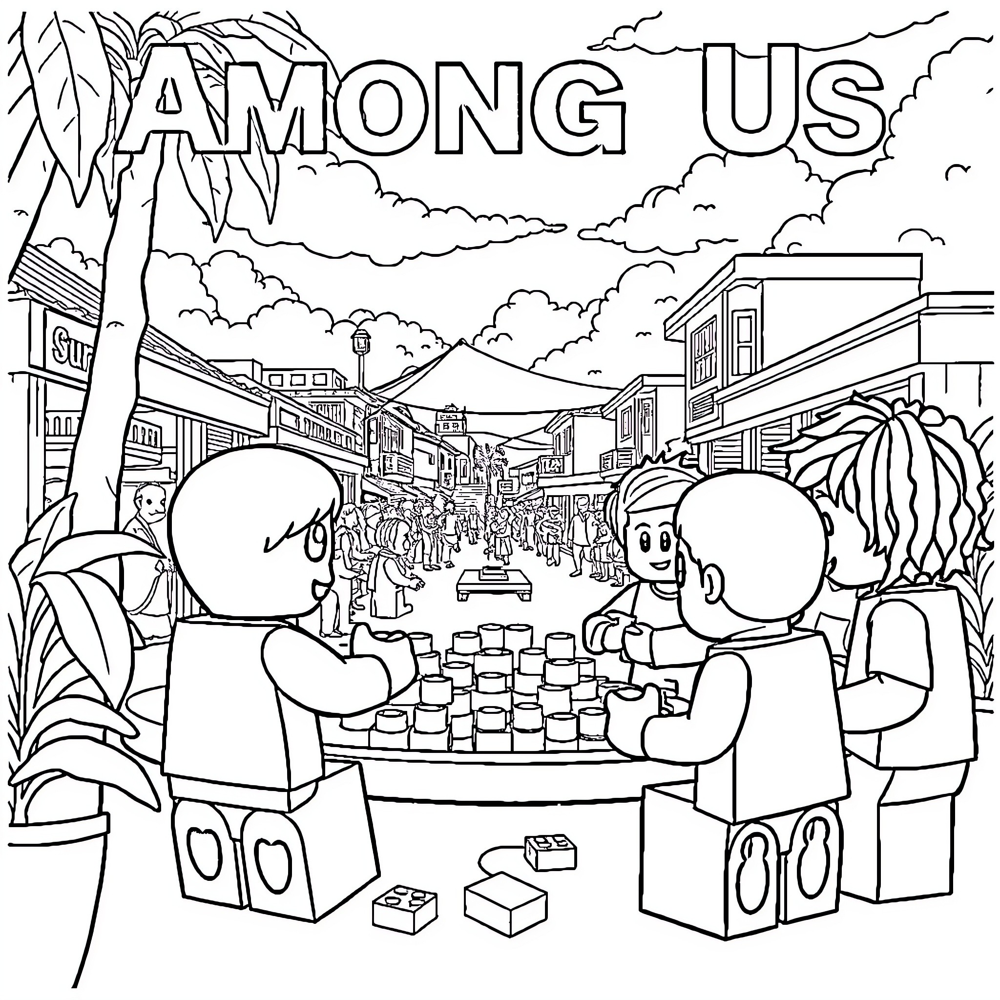 Trinidad Community Market Scene Coloring Page (free black-and-white line drawing printable PDF for all, from beginners to advanced learners, including children, teens, adults, and seniors)