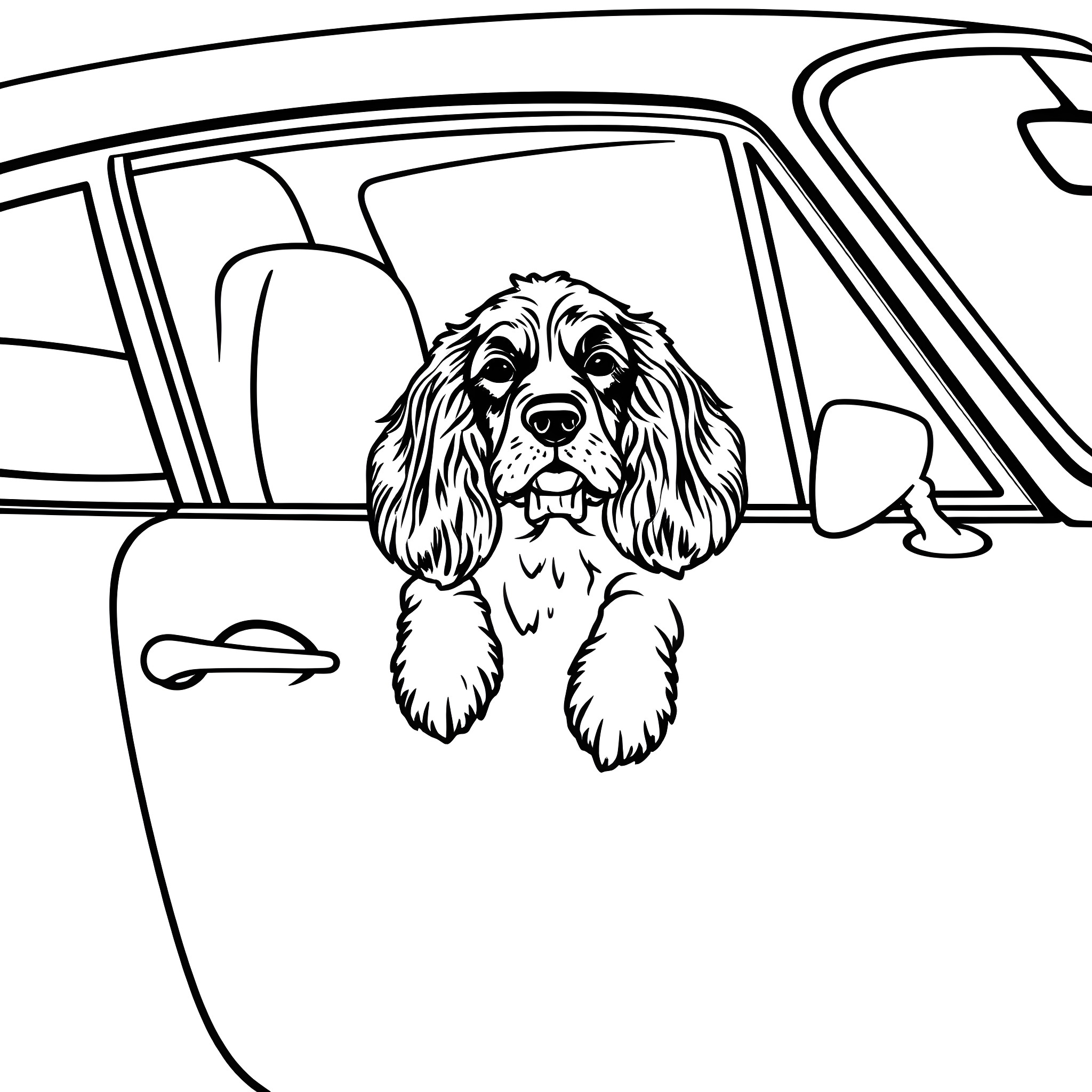 Cocker Spaniel enjoying a car ride Coloring Page (free black-and-white line drawing printable PDF for all, from beginners to advanced learners, including children, teens, adults, and seniors)