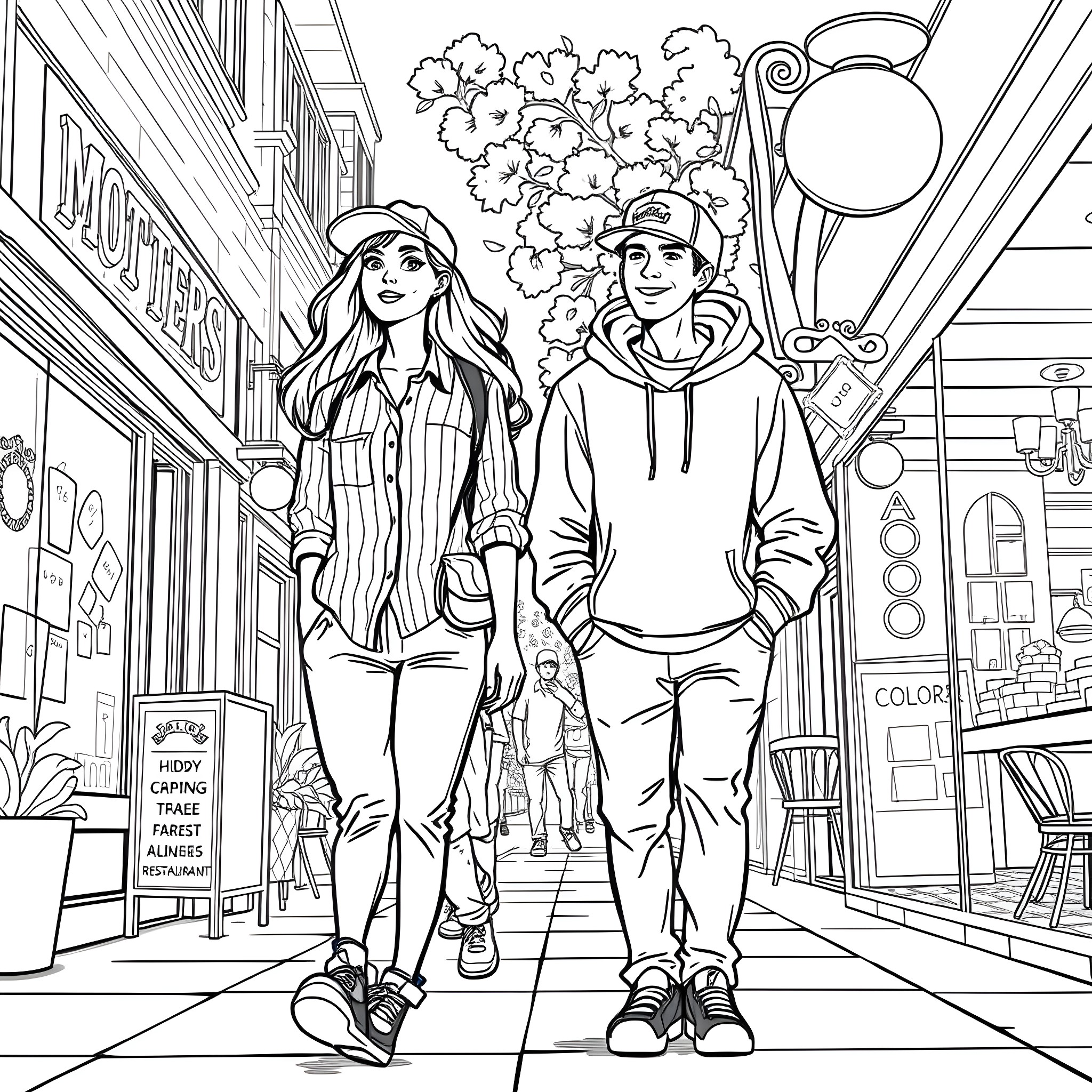Teen Couple Exploring Vibrant Street Coloring Page (free black-and-white line drawing printable PDF for all, from beginners to advanced learners, including children, teens, adults, and seniors)
