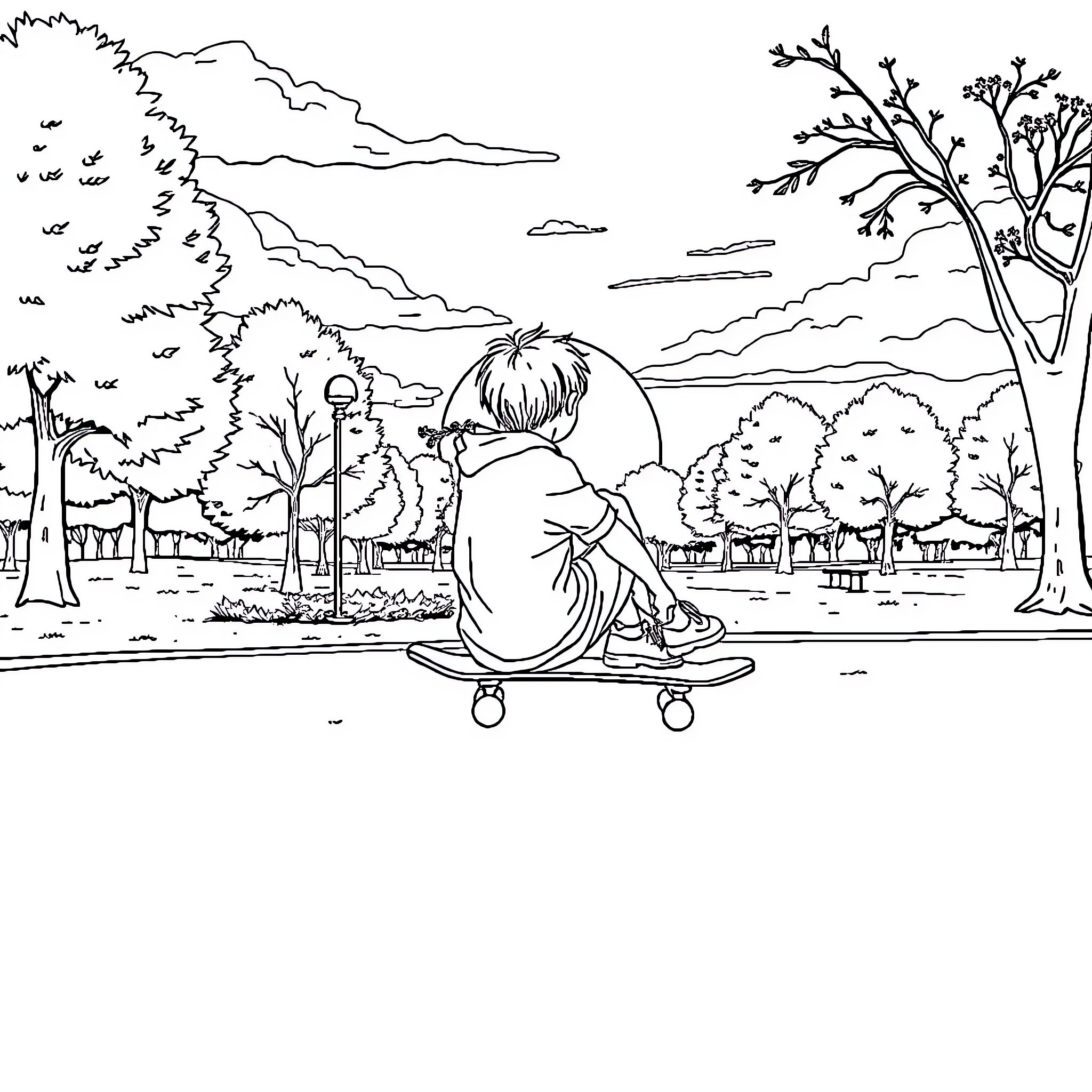 Coolkid enjoying a peaceful moment in the park Coloring Page (free black-and-white line drawing printable PDF for all, from beginners to advanced learners, including children, teens, adults, and seniors)
