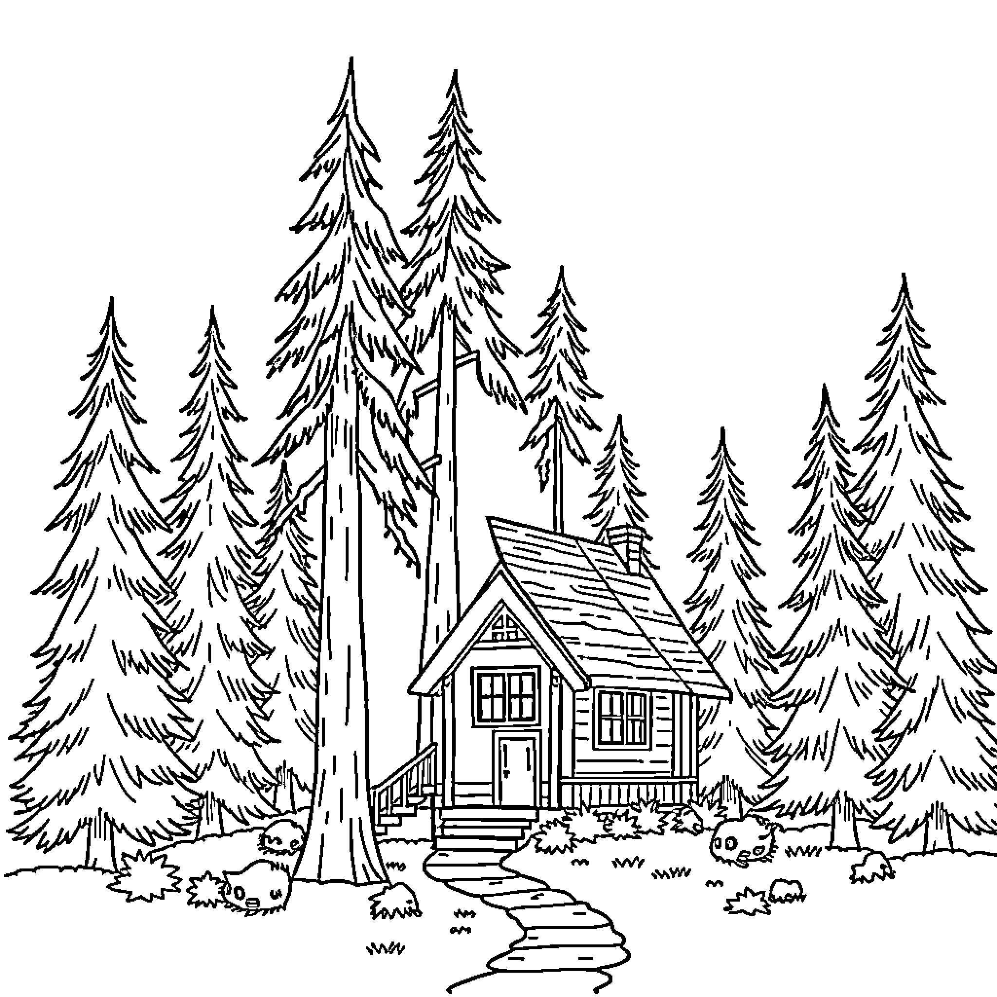 House nestled in a snowy forest landscape Coloring Page (free black-and-white line drawing printable PDF for all, from beginners to advanced learners, including children, teens, adults, and seniors)