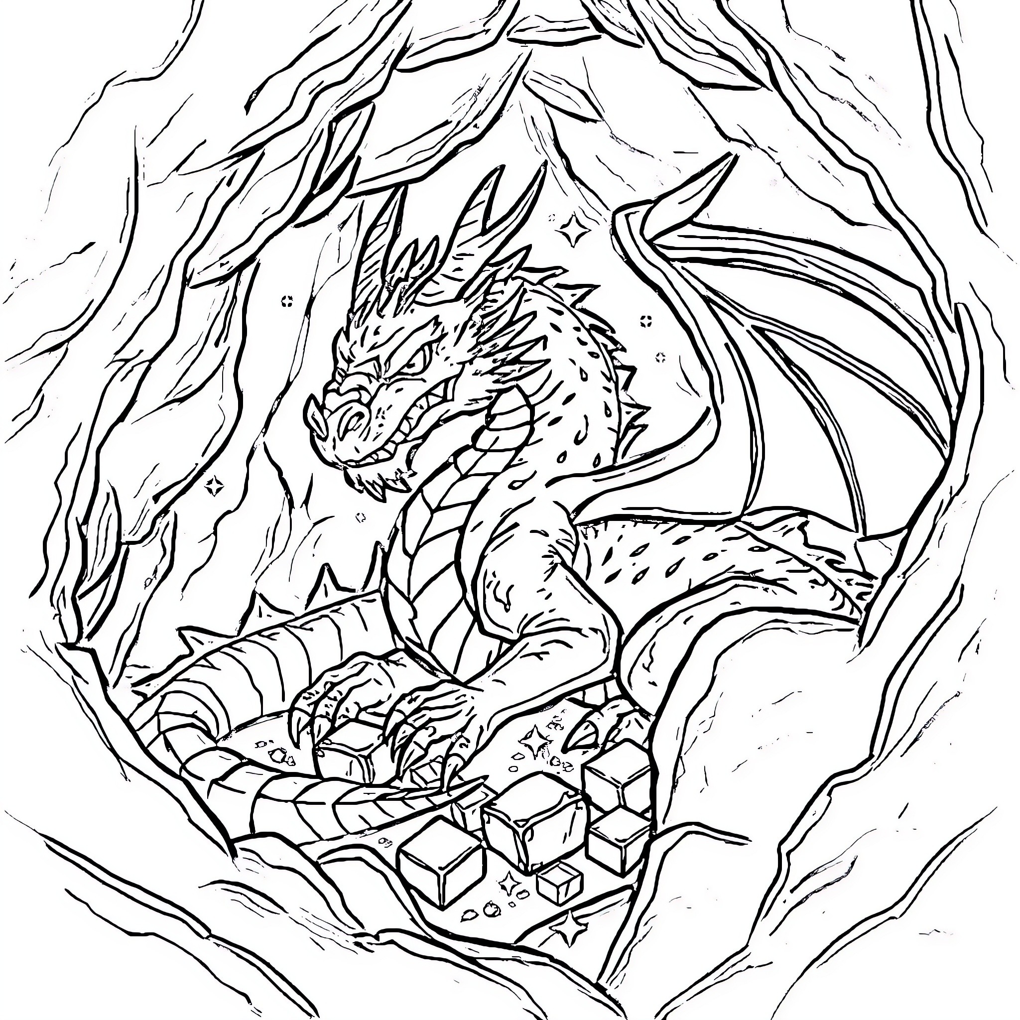 Dragon guarding its treasure hoard in the cave Coloring Page (free black-and-white line drawing printable PDF for all, from beginners to advanced learners, including children, teens, adults, and seniors)