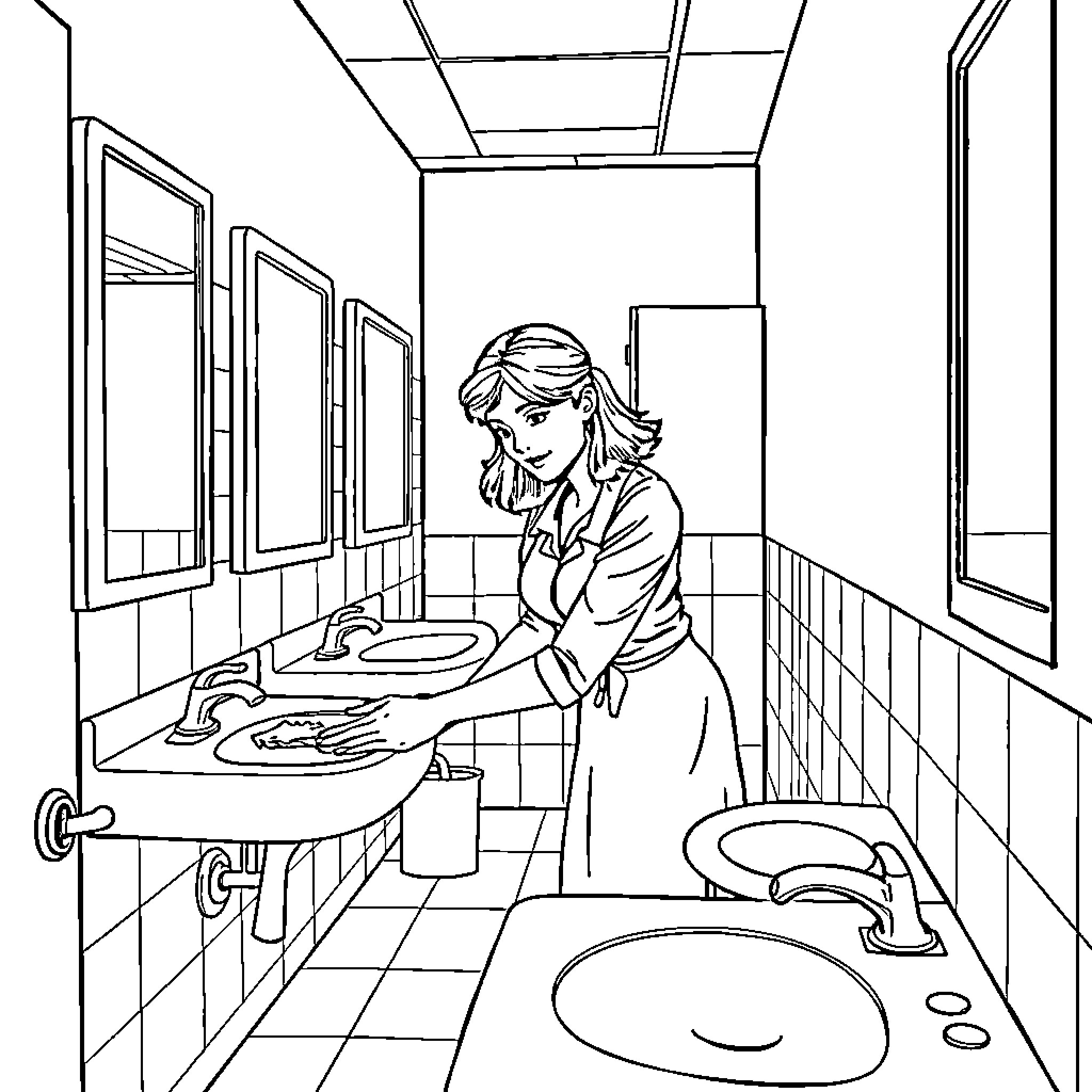 Teacher cleaning the school bathroom Coloring Page (free black-and-white line drawing printable PDF for all, from beginners to advanced learners, including children, teens, adults, and seniors)