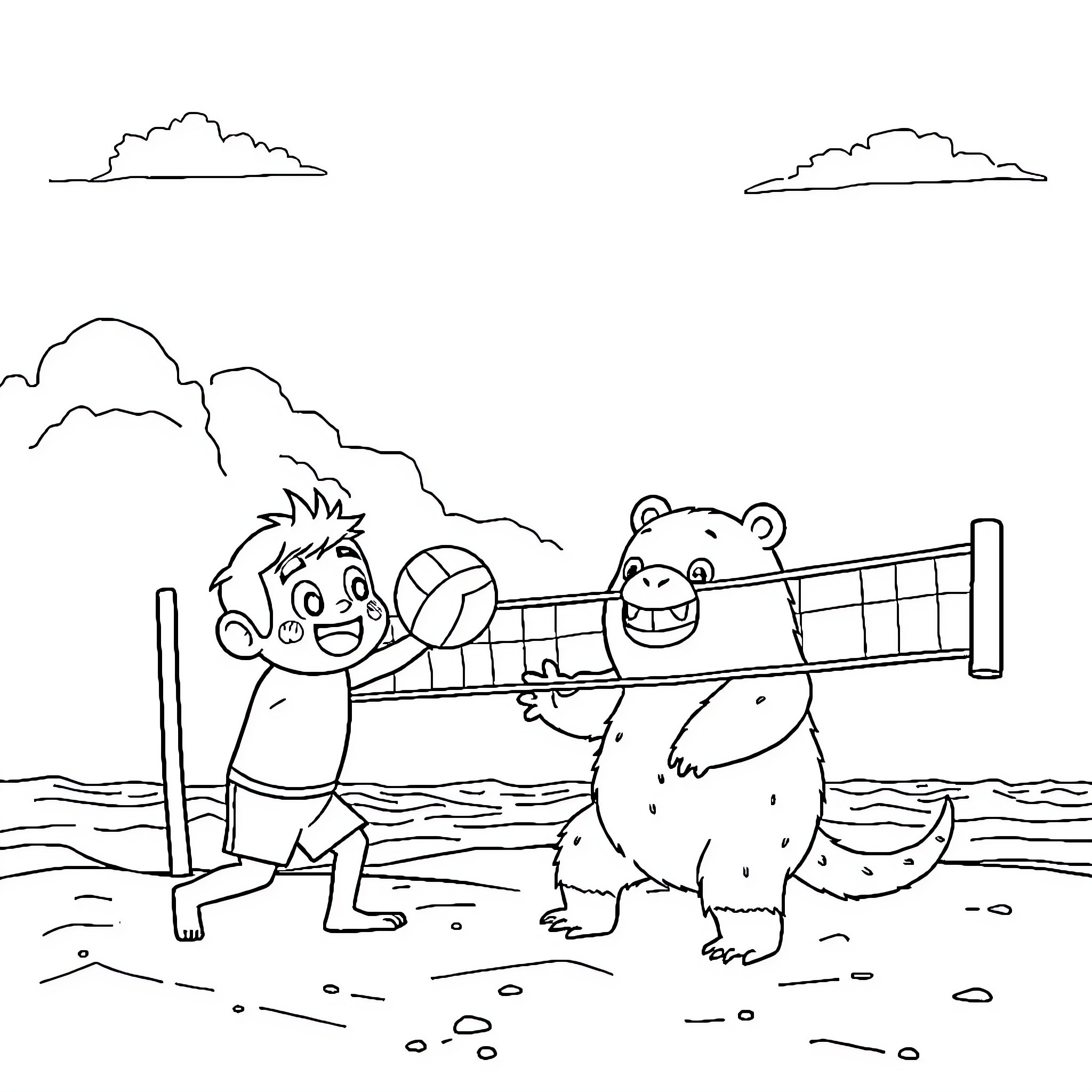 Tung Tung's Beach Volleyball Fun Coloring Page (free black-and-white line drawing printable PDF for all, from beginners to advanced learners, including children, teens, adults, and seniors)