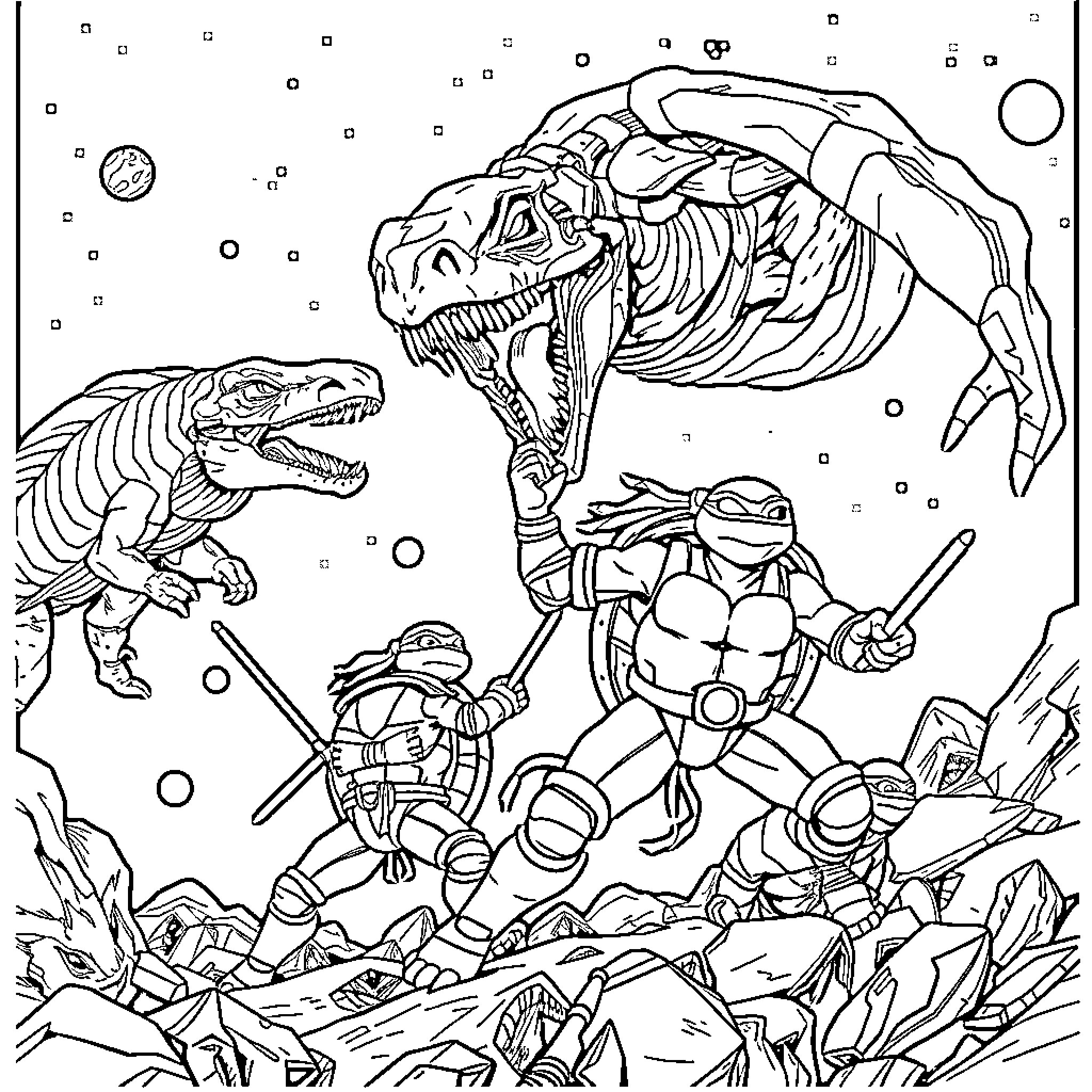 Turtle Mutant Ninjas fighting dinosaurs in space Coloring Page (free black-and-white line drawing printable PDF for all, from beginners to advanced learners, including children, teens, adults, and seniors)