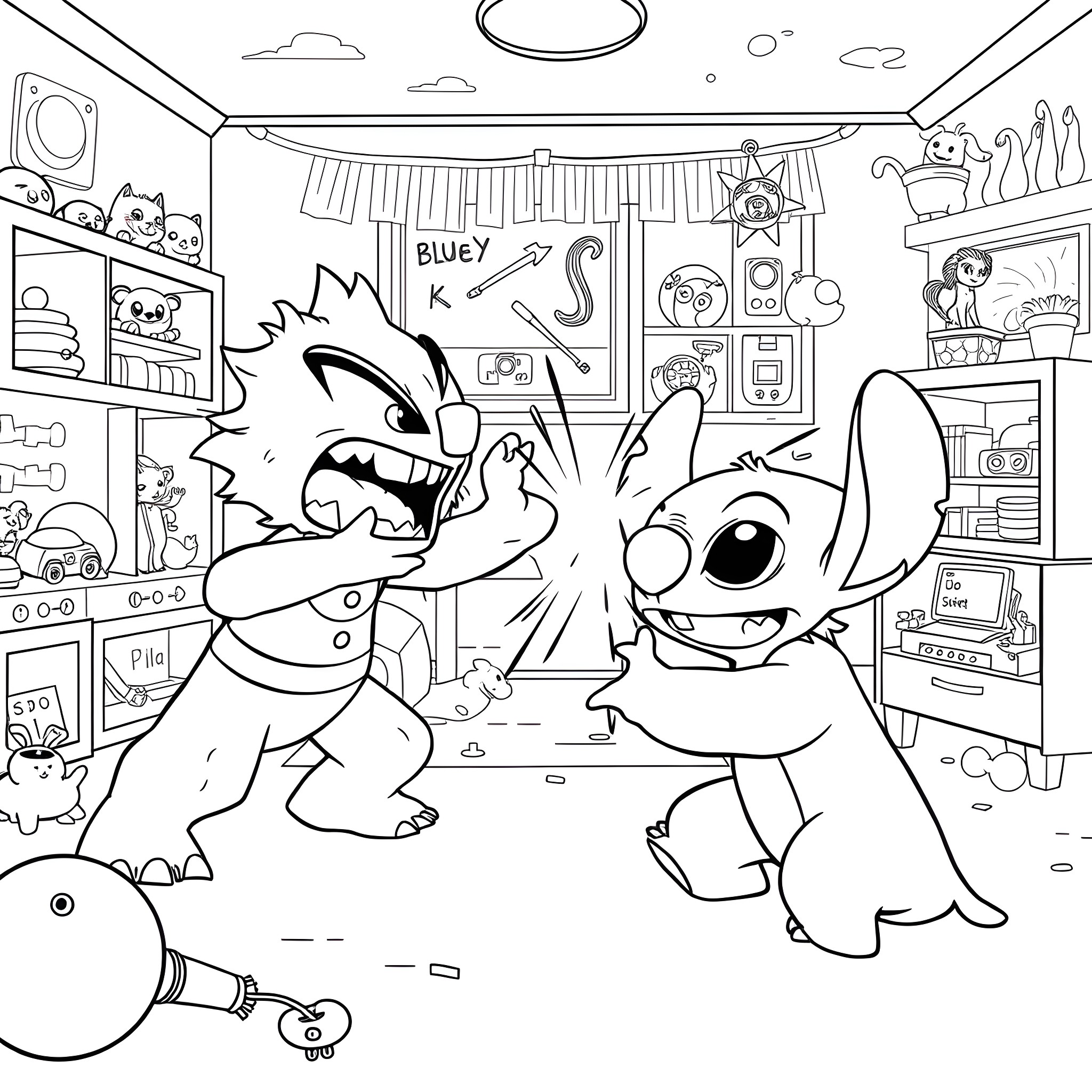 Bing Playful Creatures in Bedroom Scene Coloring Page (free black-and-white line drawing printable PDF for all, from beginners to advanced learners, including children, teens, adults, and seniors)