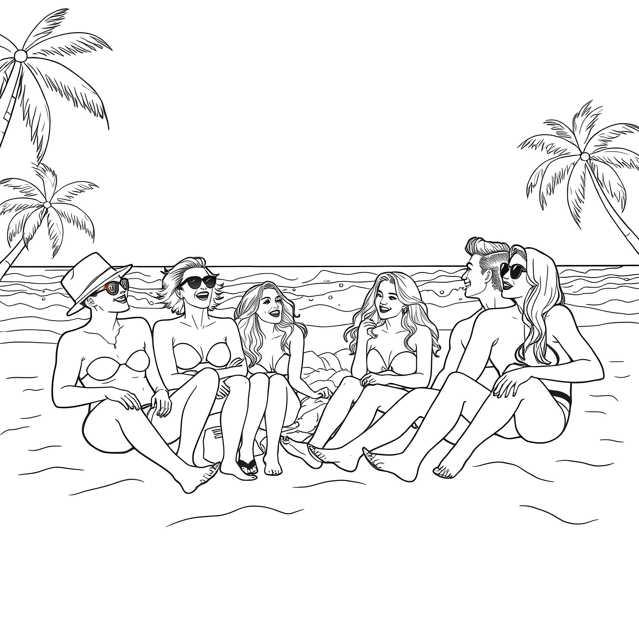 Vanderpump Rules: Friends Enjoying the Beach Coloring Page (free black-and-white line drawing printable PDF for all, from beginners to advanced learners, including children, teens, adults, and seniors)