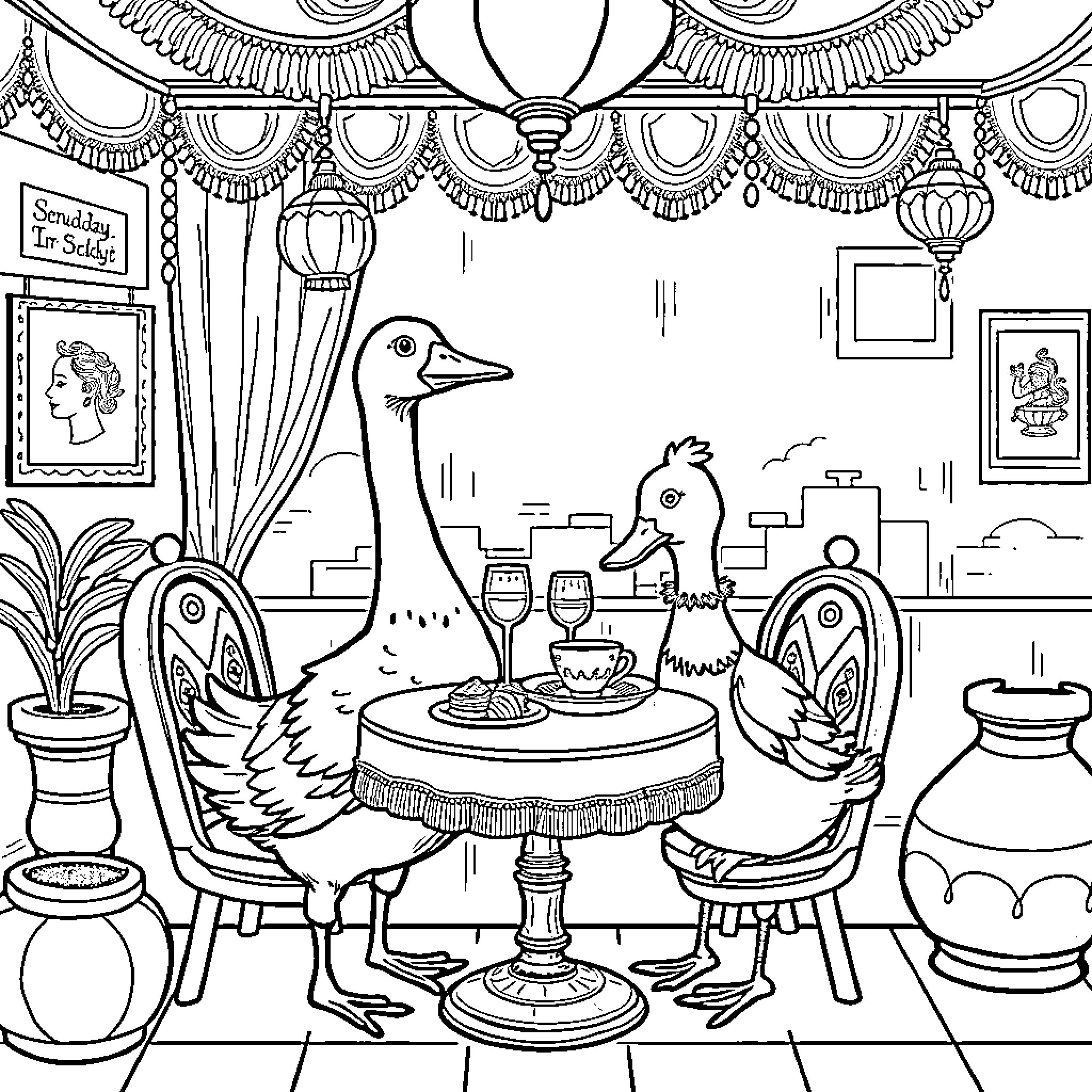 Goose enjoying a fancy dinner party Coloring Page (free black-and-white line drawing printable PDF for all, from beginners to advanced learners, including children, teens, adults, and seniors)